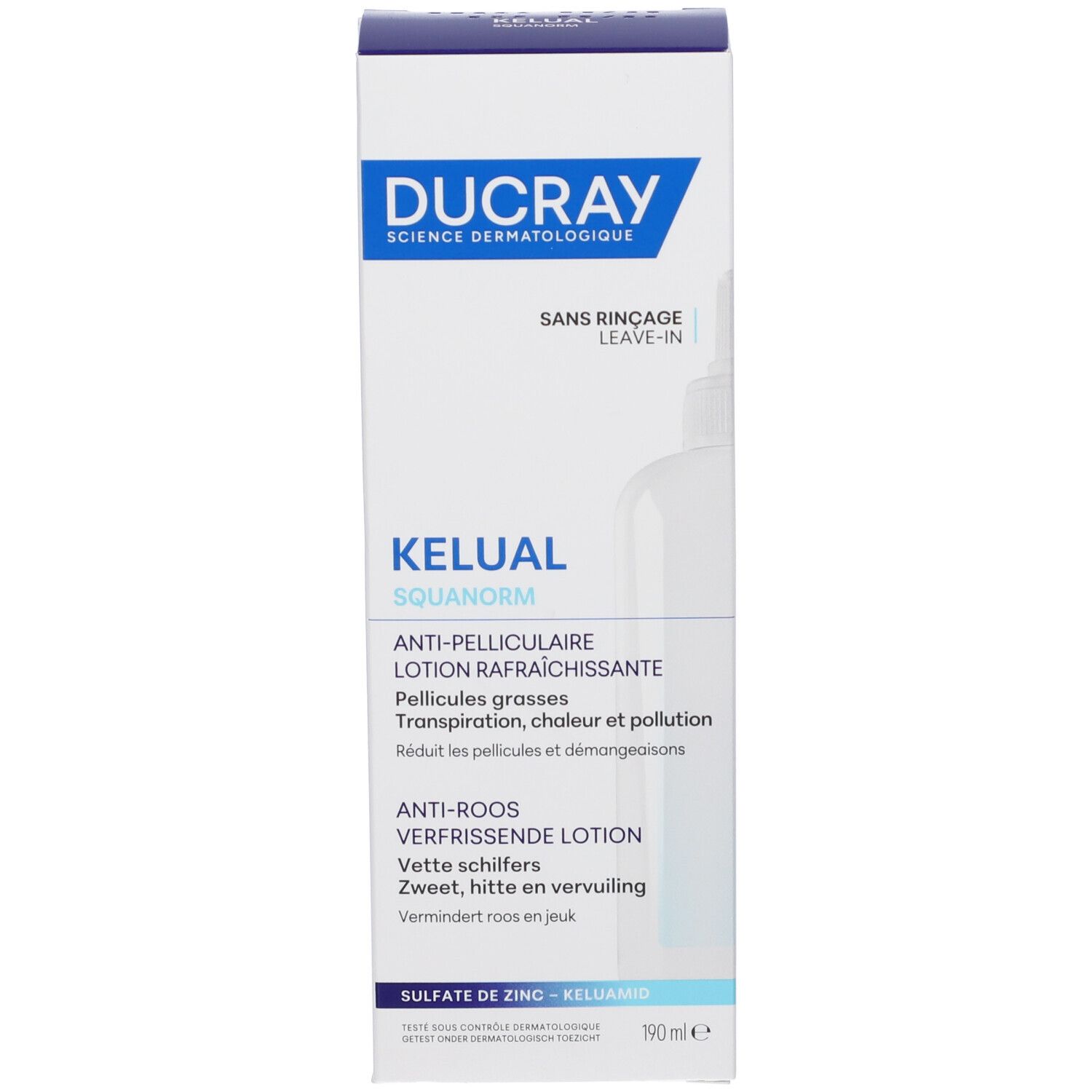 Confezione del prodotto. Scritta: DUCRAY, KELUAL, Lozione antiforfora. 190 ml.