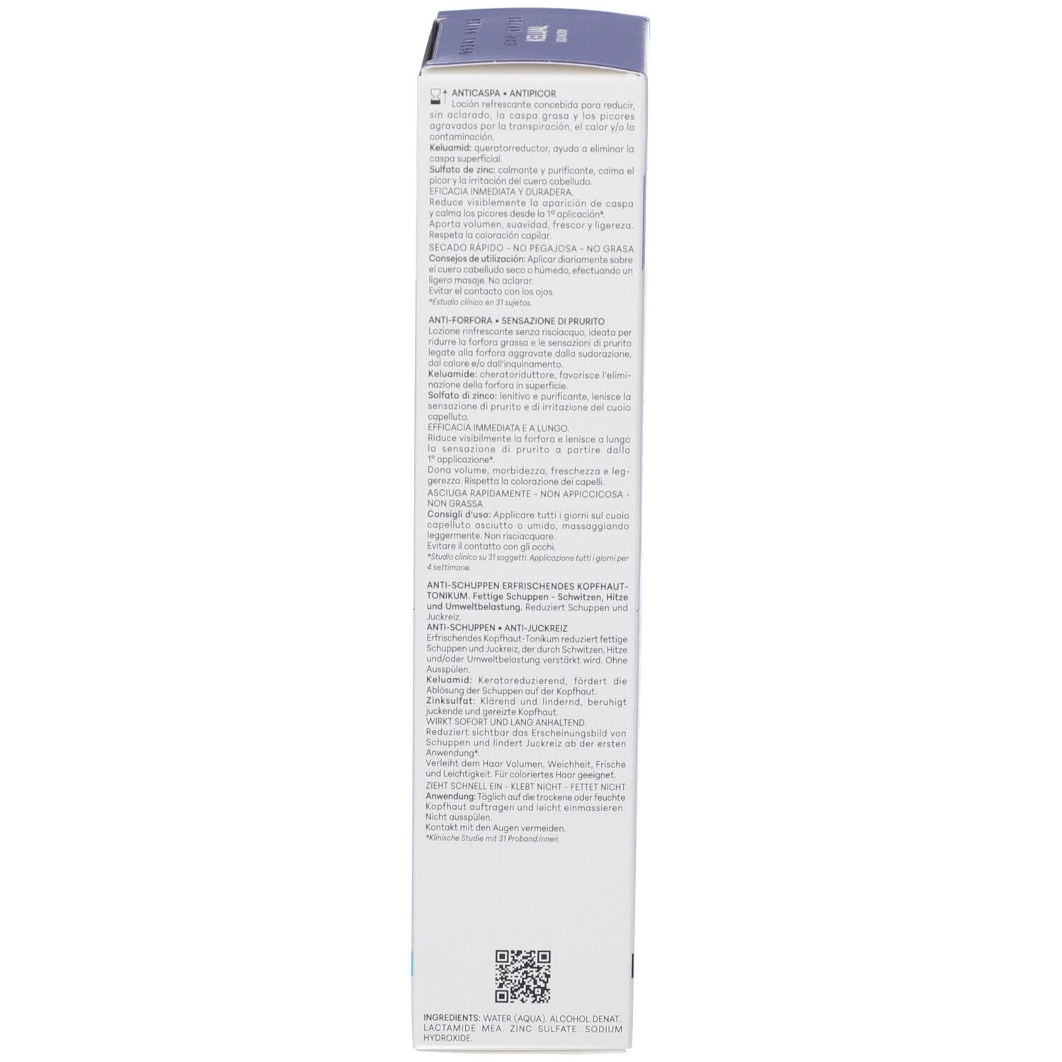 Confezione del prodotto, lato con testo multilingue. Informazioni sull'uso.