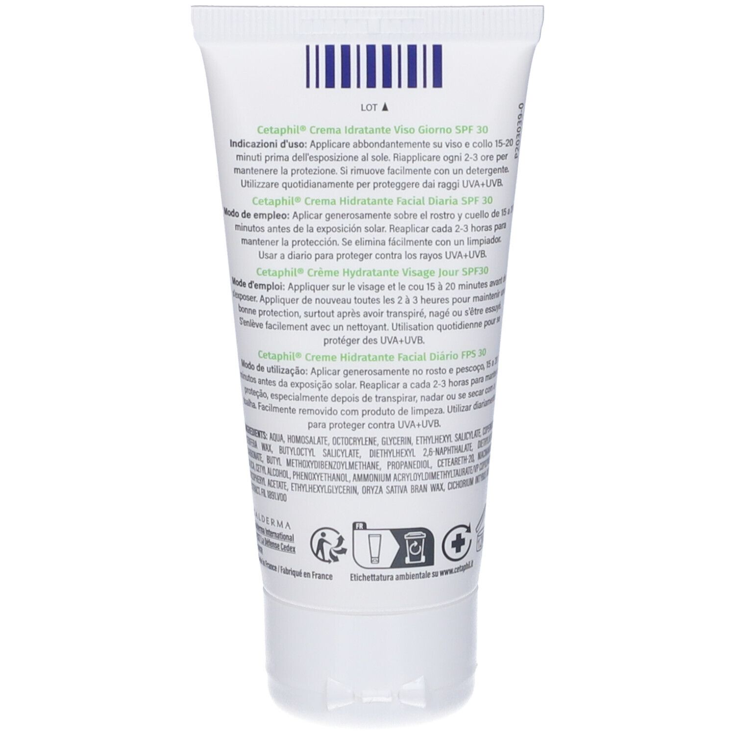 Retro del tubo bianco. Testo: Cetaphil Crema Idratante Viso Giorno SPF 30. Ingredienti e istruzioni per l'uso.