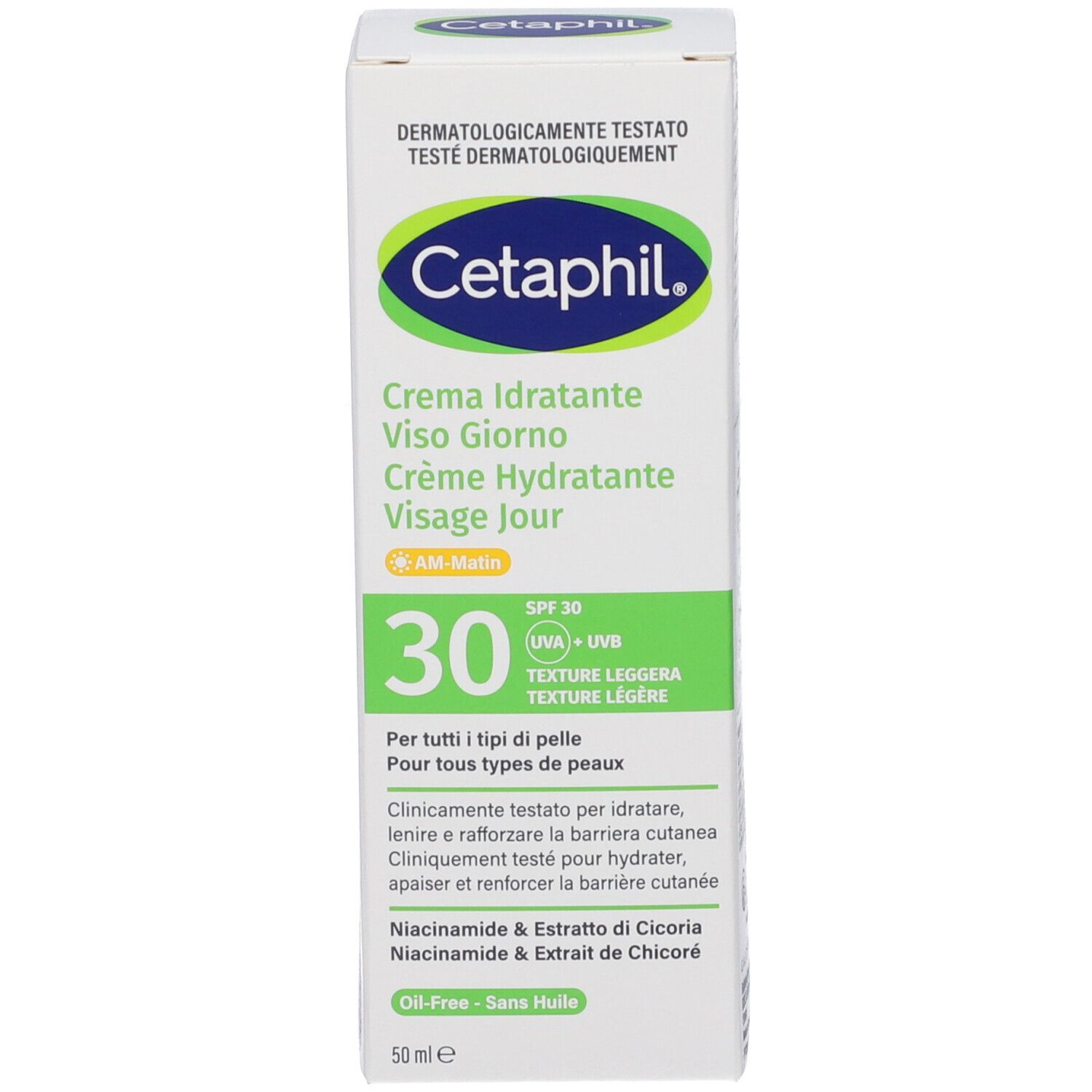 Confezione del prodotto. Testo: Cetaphil, Crema Idratante Viso Giorno SPF 30. SPF 30. Per tutti i tipi di pelle. Dermatologicamente testato.