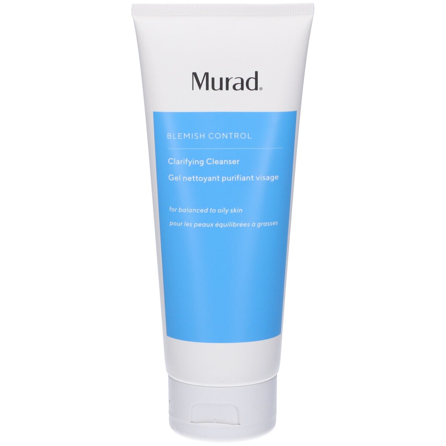 Tubo bianco con striscia blu. Scritta: Murad, Blemish Control, Clarifying Cleanser.
