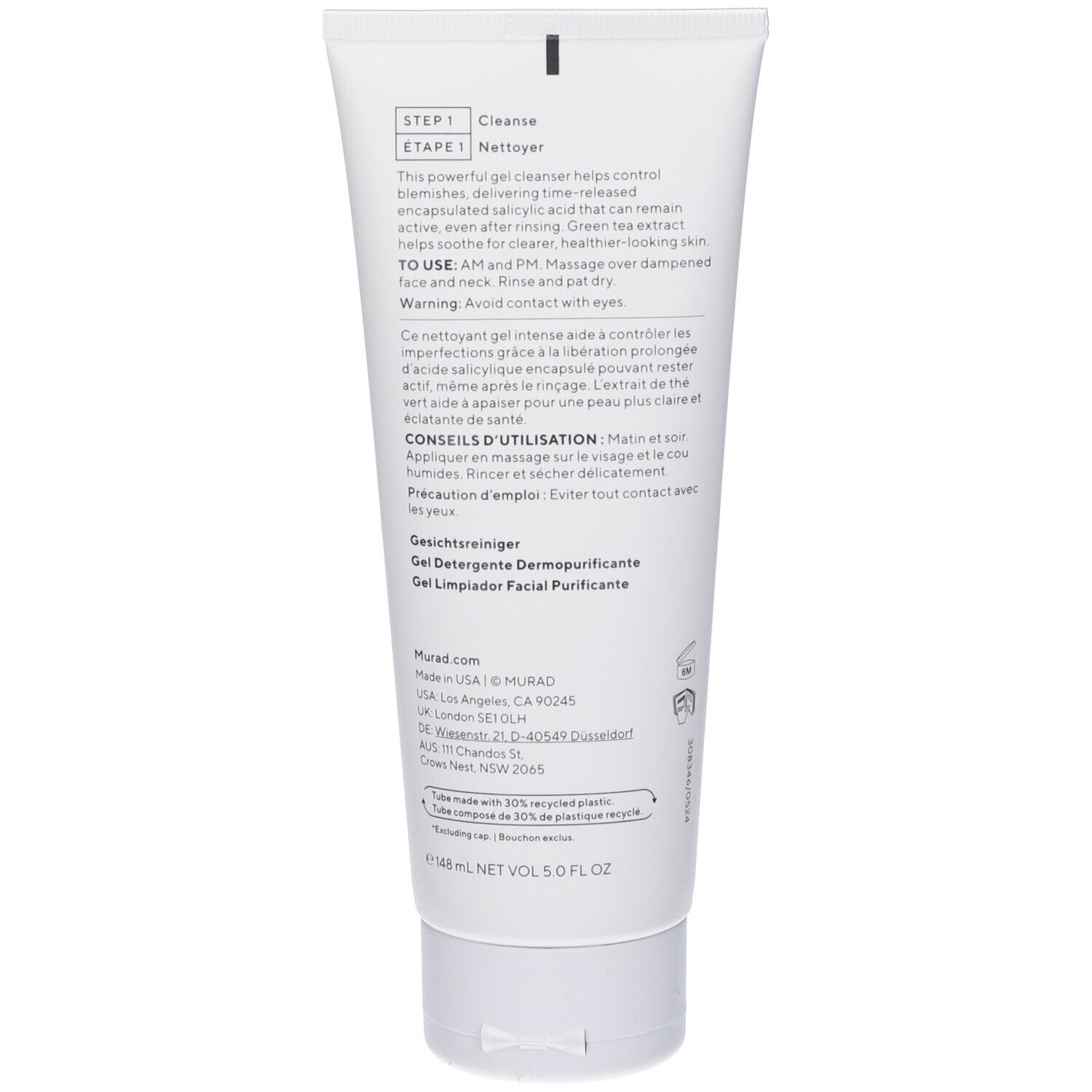 Retro del tubo. Testo in inglese, francese e spagnolo. Ingredienti e istruzioni.