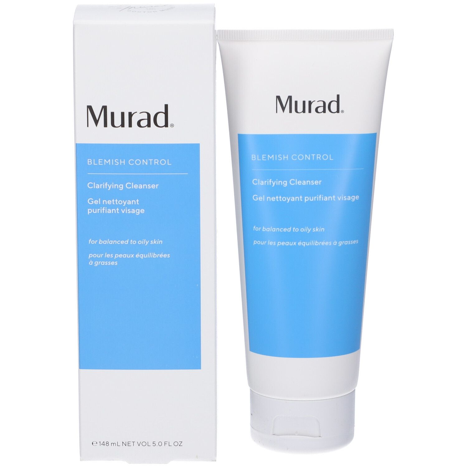 Prodotto e confezione. Tubo e scatola bianchi con striscia blu. Murad, Clarifying Cleanser.