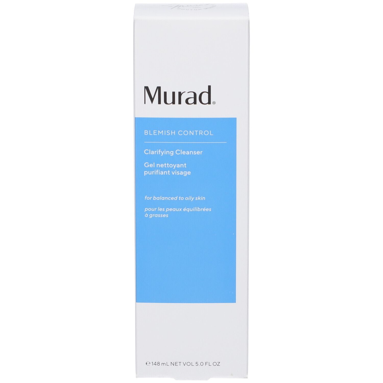 Scatola bianca con striscia blu. Scritta: Murad, Blemish Control, Clarifying Cleanser.