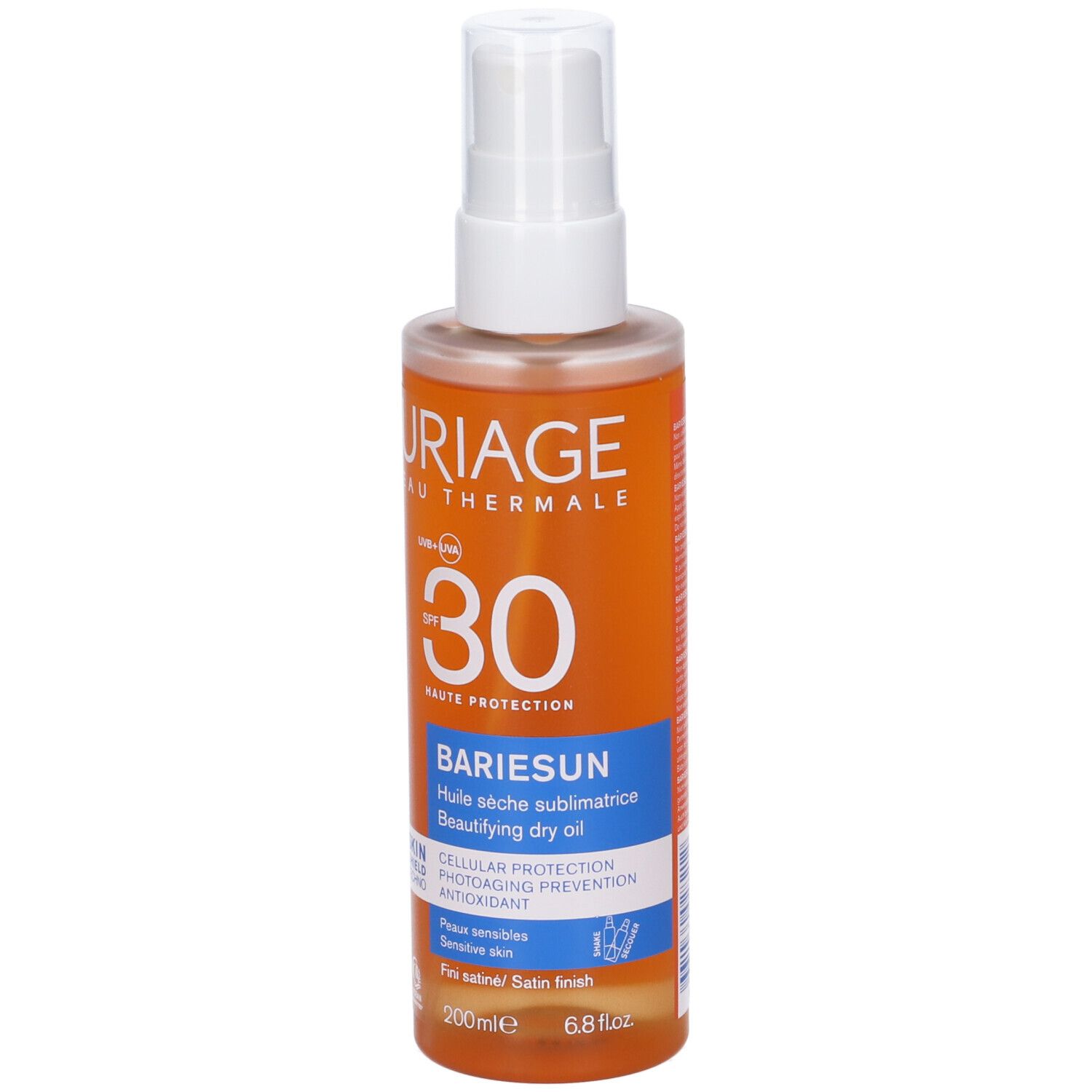 Flacone spray di olio solare. Liquido arancione, erogatore bianco. Scritte: Uriage, SPF 30, Bariesun.
