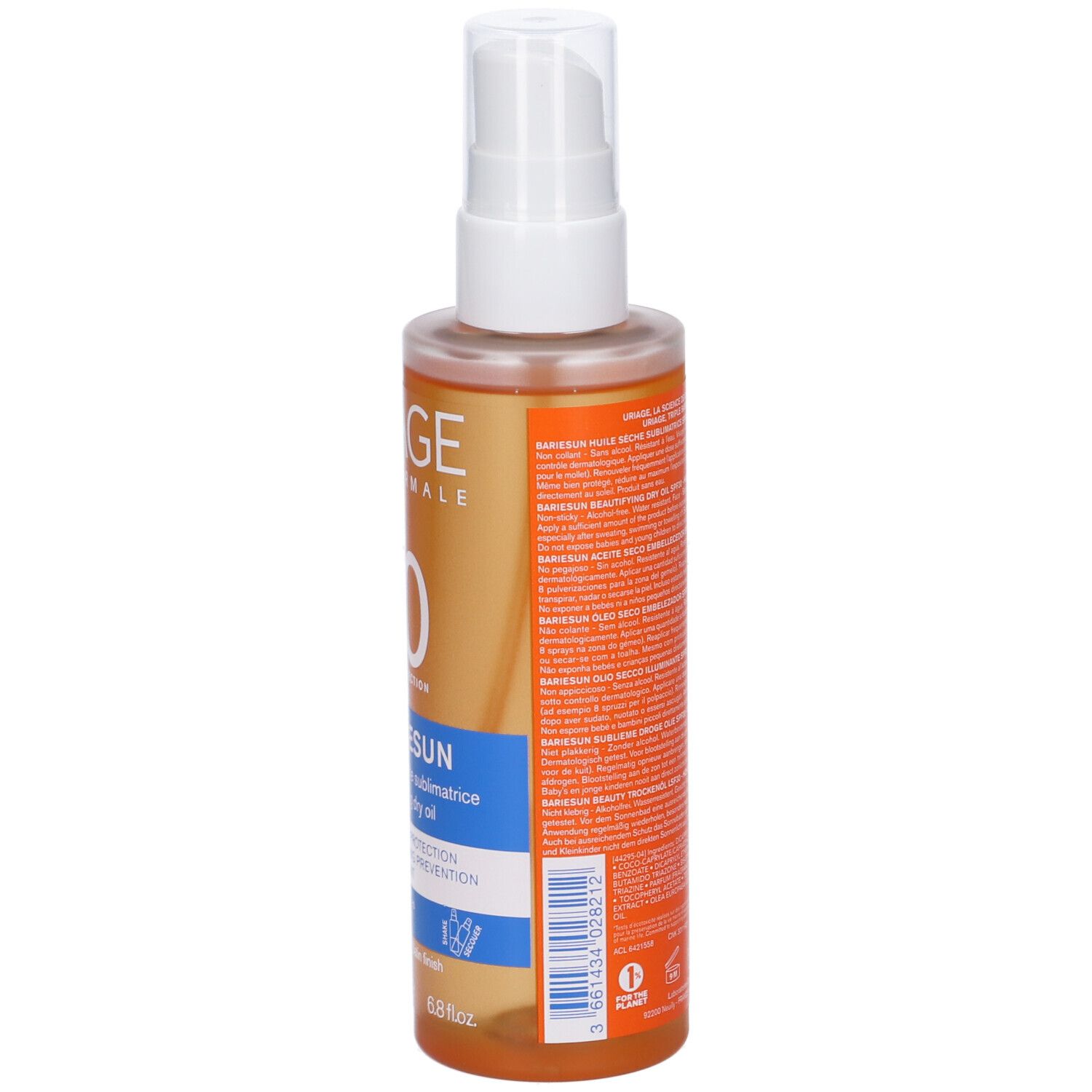 Flacone spray di olio solare. Liquido arancione, erogatore bianco. Etichetta con testo.