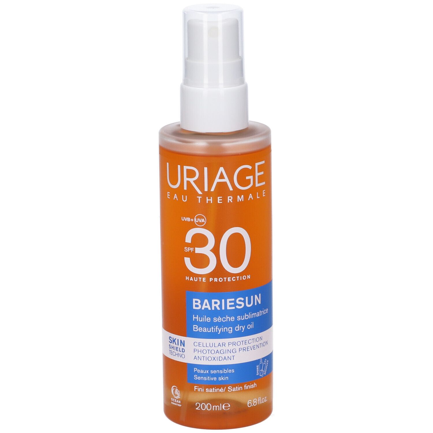 Flacone spray di olio solare. Liquido arancione, erogatore bianco. Scritte: Uriage, SPF 30, Bariesun.