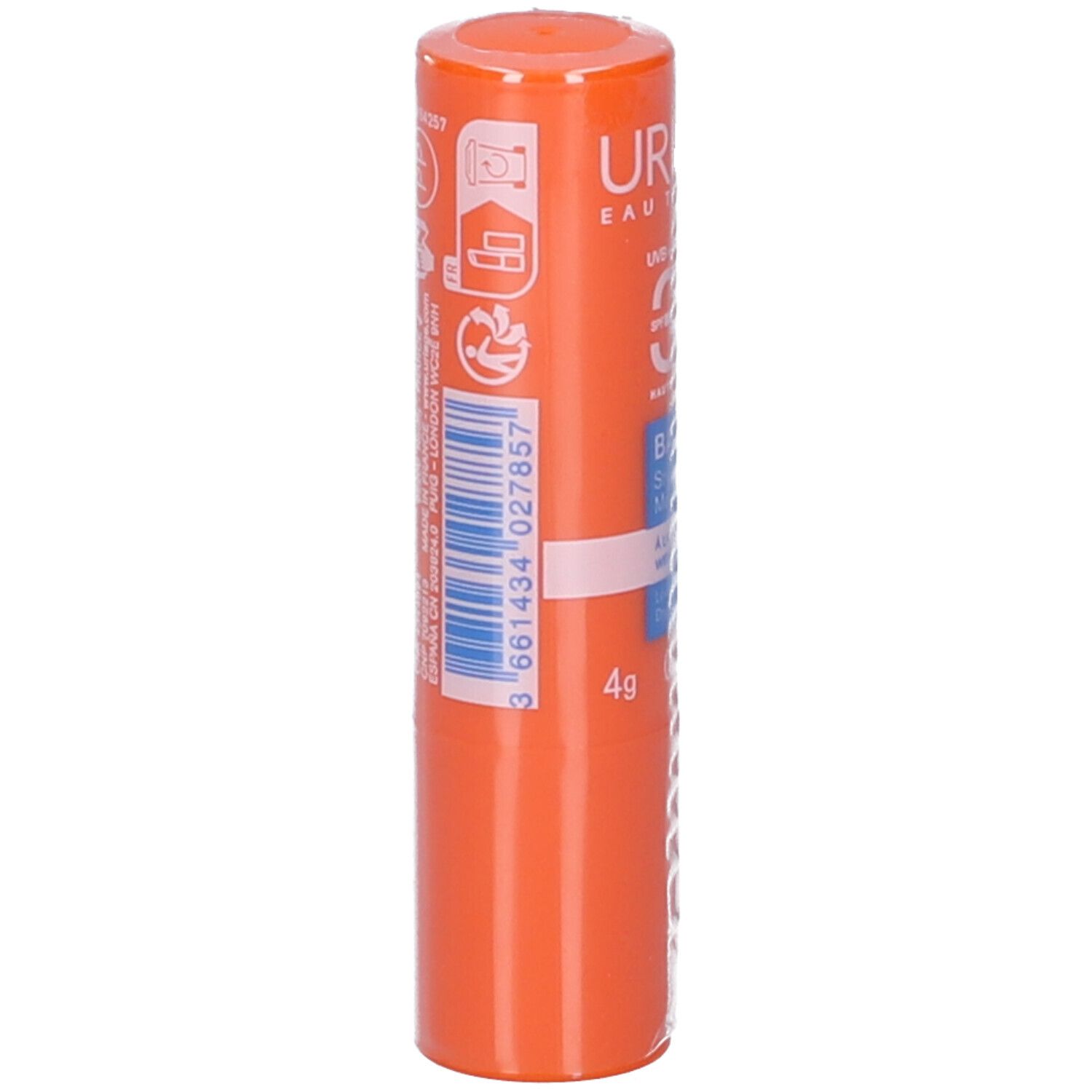Stick labbra arancione con codice a barre e testo bianco. Contiene 4g.