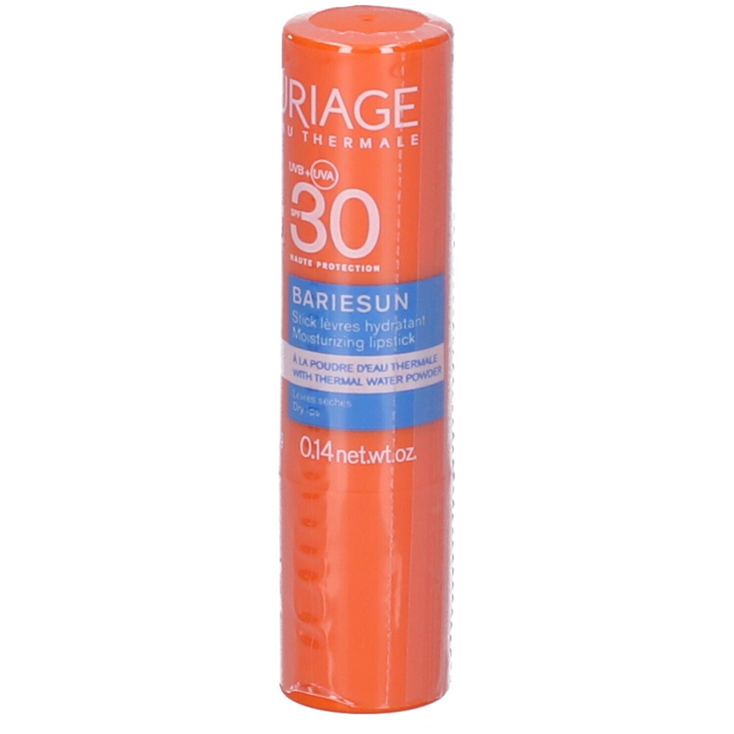 Stick labbra arancione con testo bianco. Scritta: Uriage, SPF 30, Bariesun. Contiene 4g.