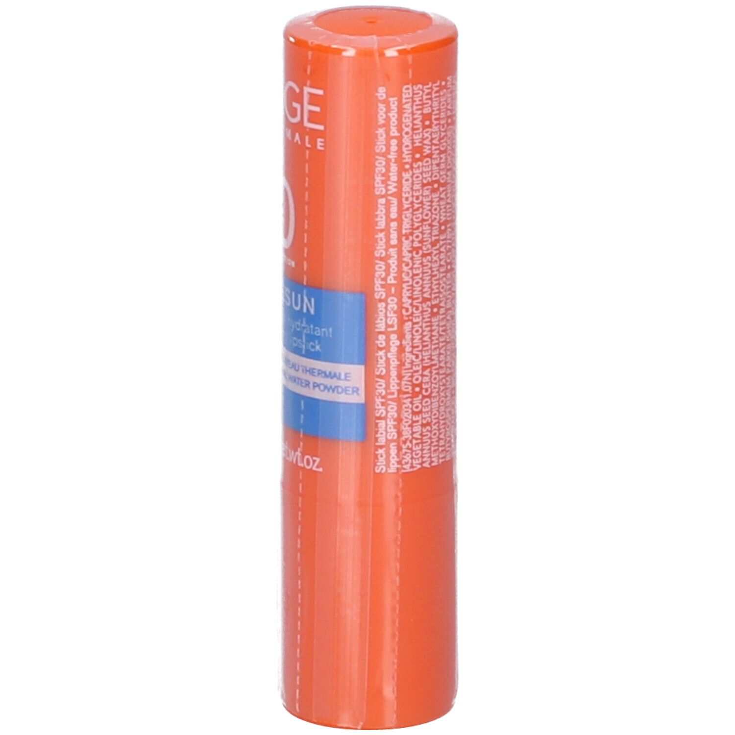 Stick labbra arancione con testi bianchi. Contiene 4g.