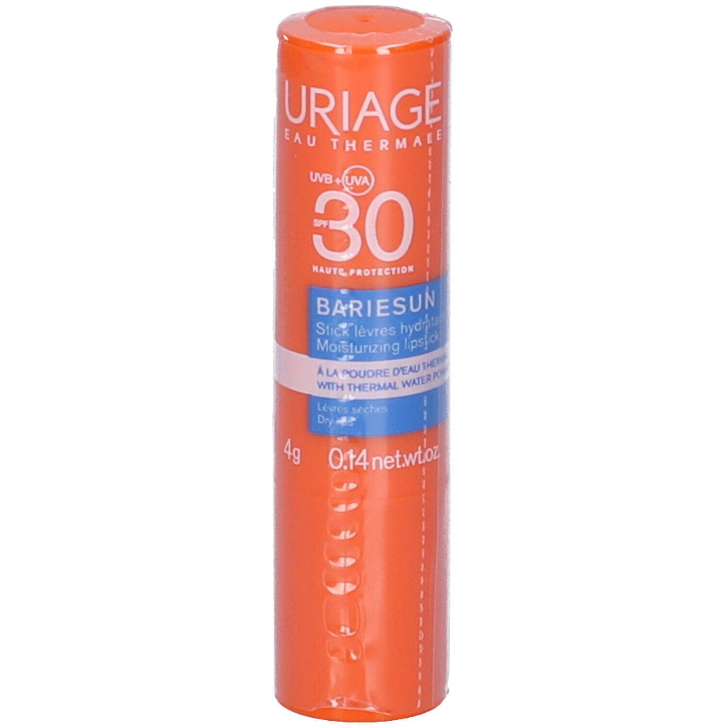 Stick labbra arancione con testo bianco. Scritta: Uriage, SPF 30, Bariesun. Contiene 4g.