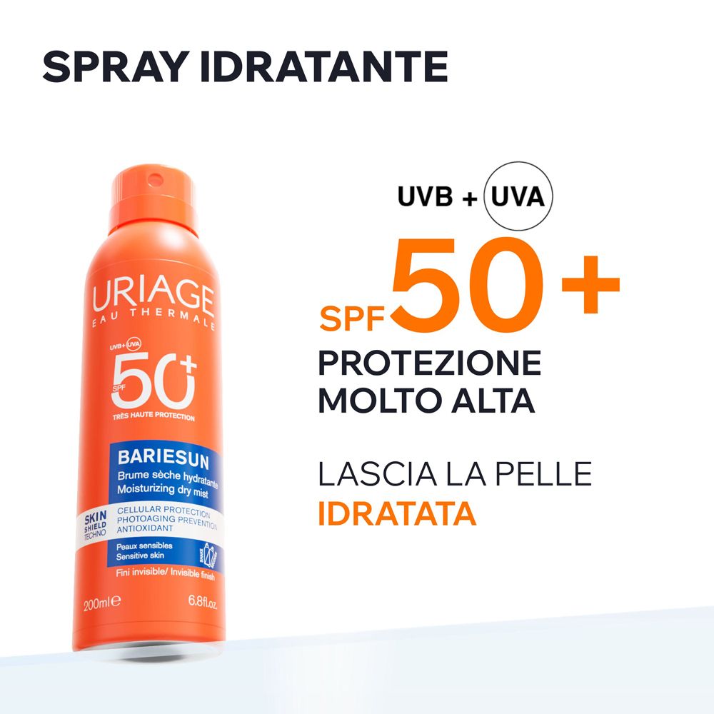 Spray Uriage Bariesun SPF50+ con effetto secco idratante.