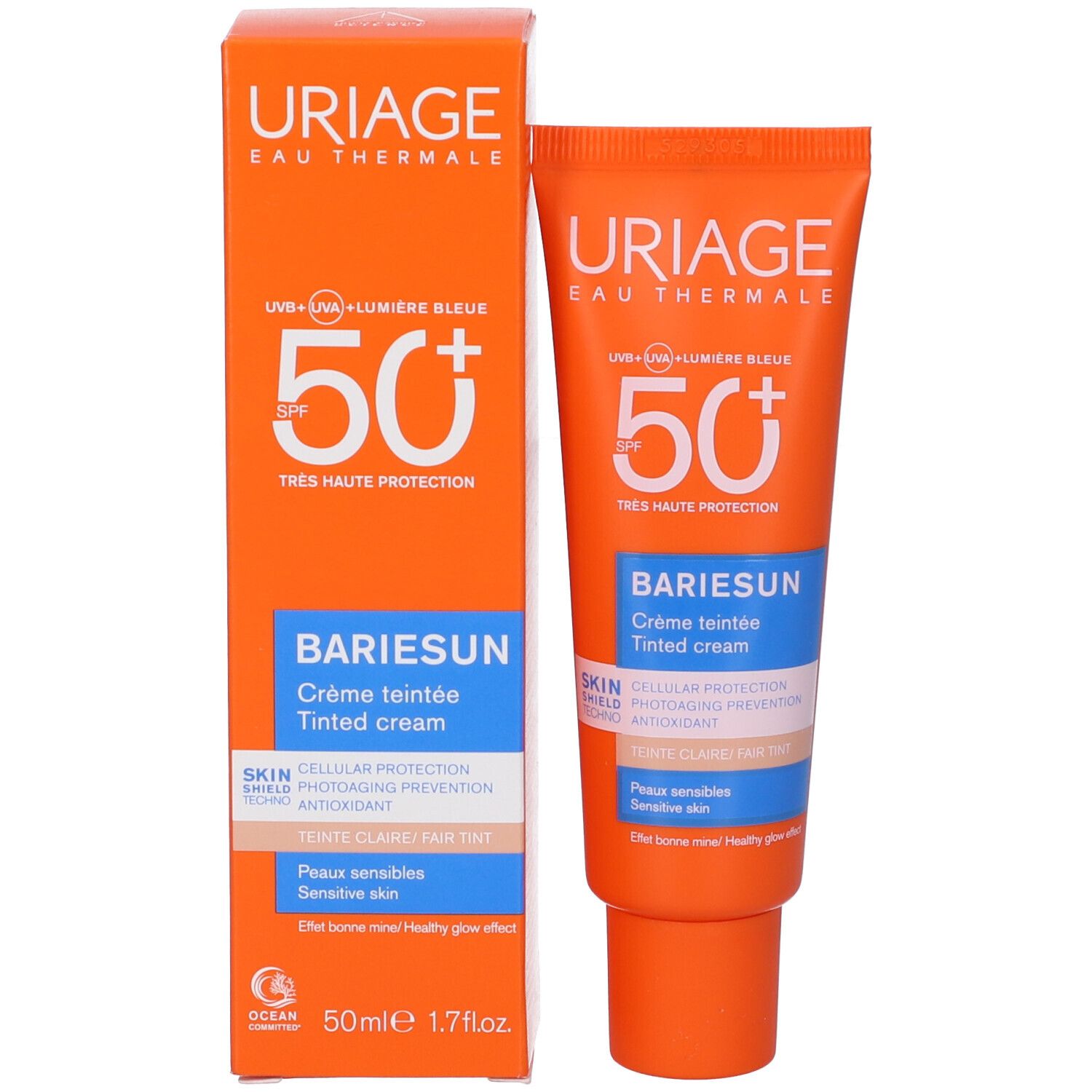 Confezione e tubo. Confezione arancione con testo bianco. BARIESUN, SPF50+. Logo Uriage.