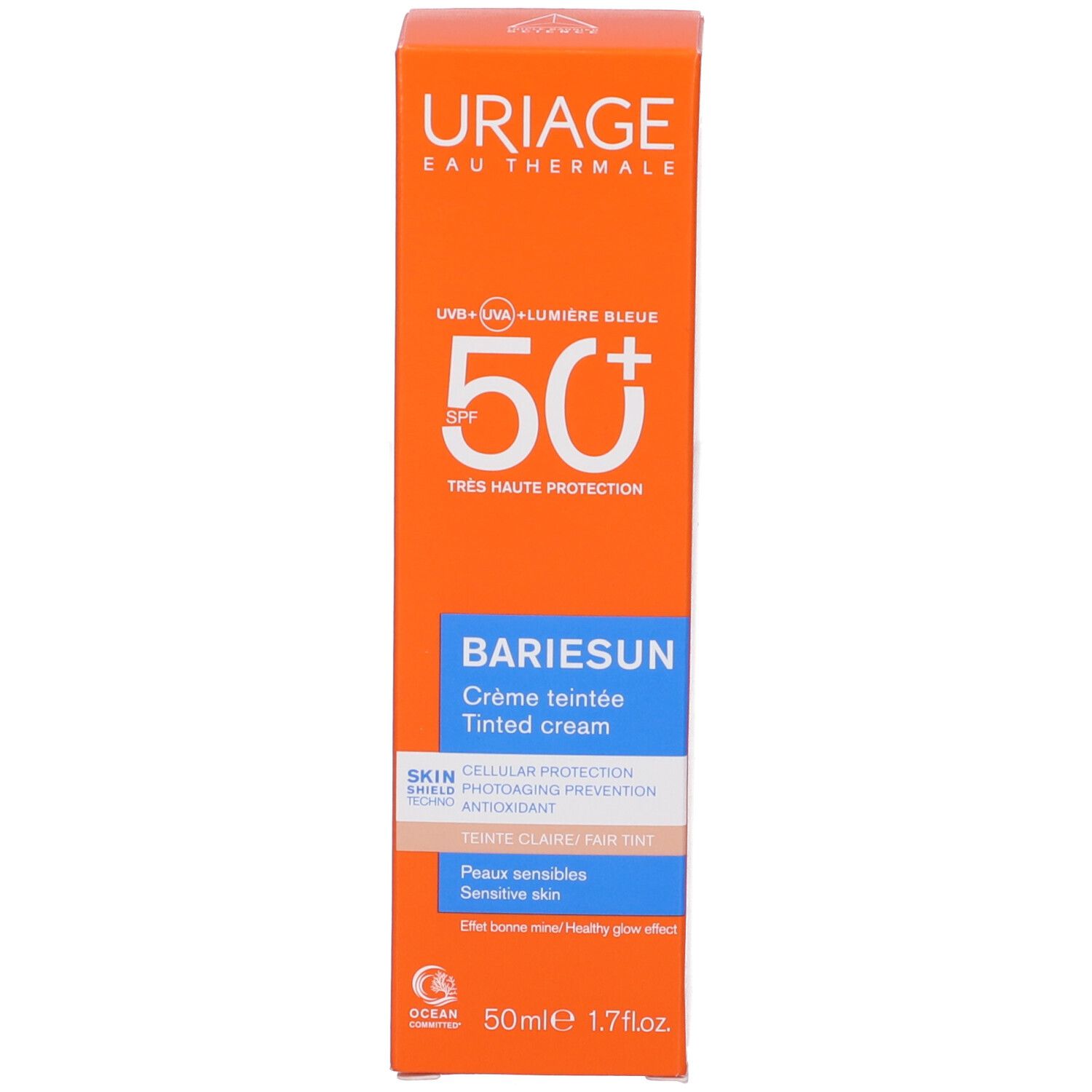 Confezione arancione con testo bianco. BARIESUN, SPF50+. Logo Uriage. Campi di testo blu e beige.