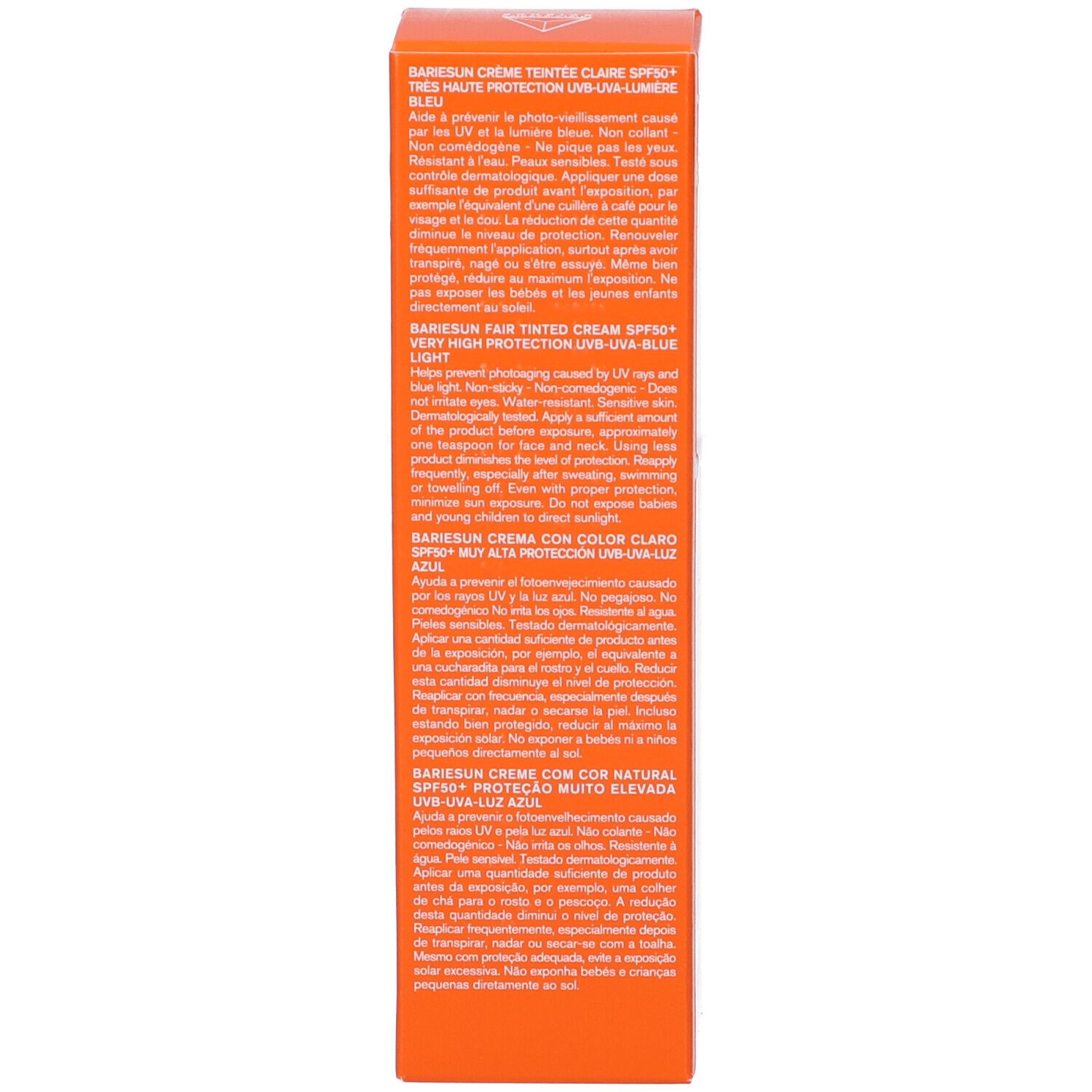 Lato della confezione. Testo multilingue. Sfondo arancione. Scritta nera.