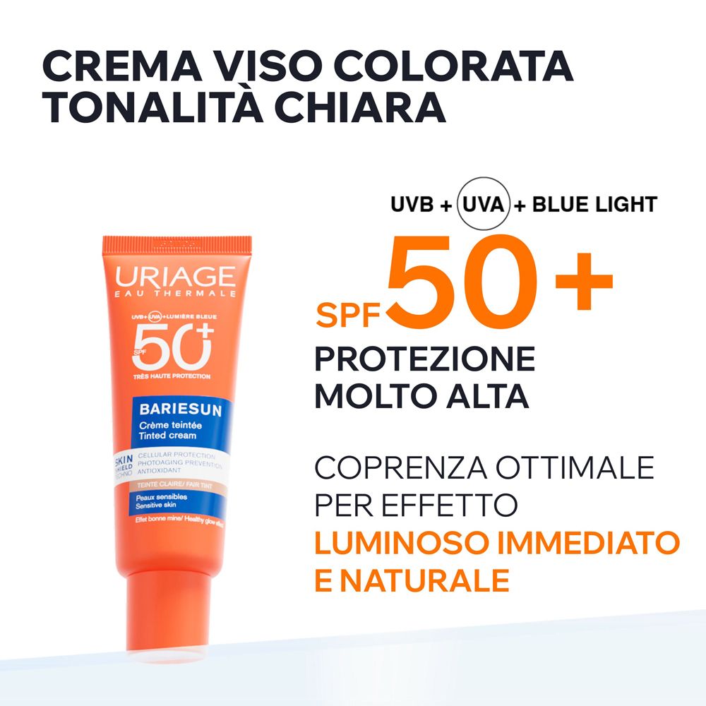 Crema colorata Uriage Bariesun SPF50+ alta protezione UV, UVA e luce blu.