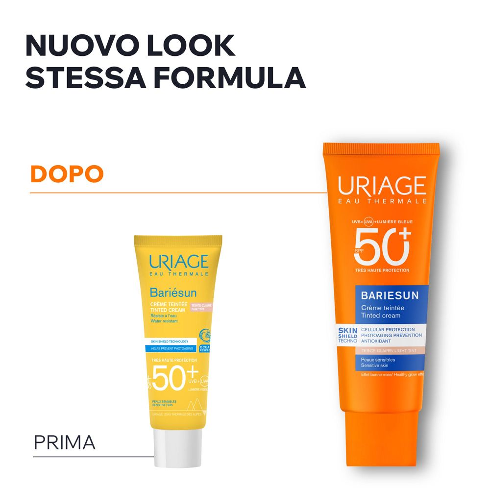 Confronto: packaging vecchio e nuovo della crema colorata Uriage Bariesun SPF50+.