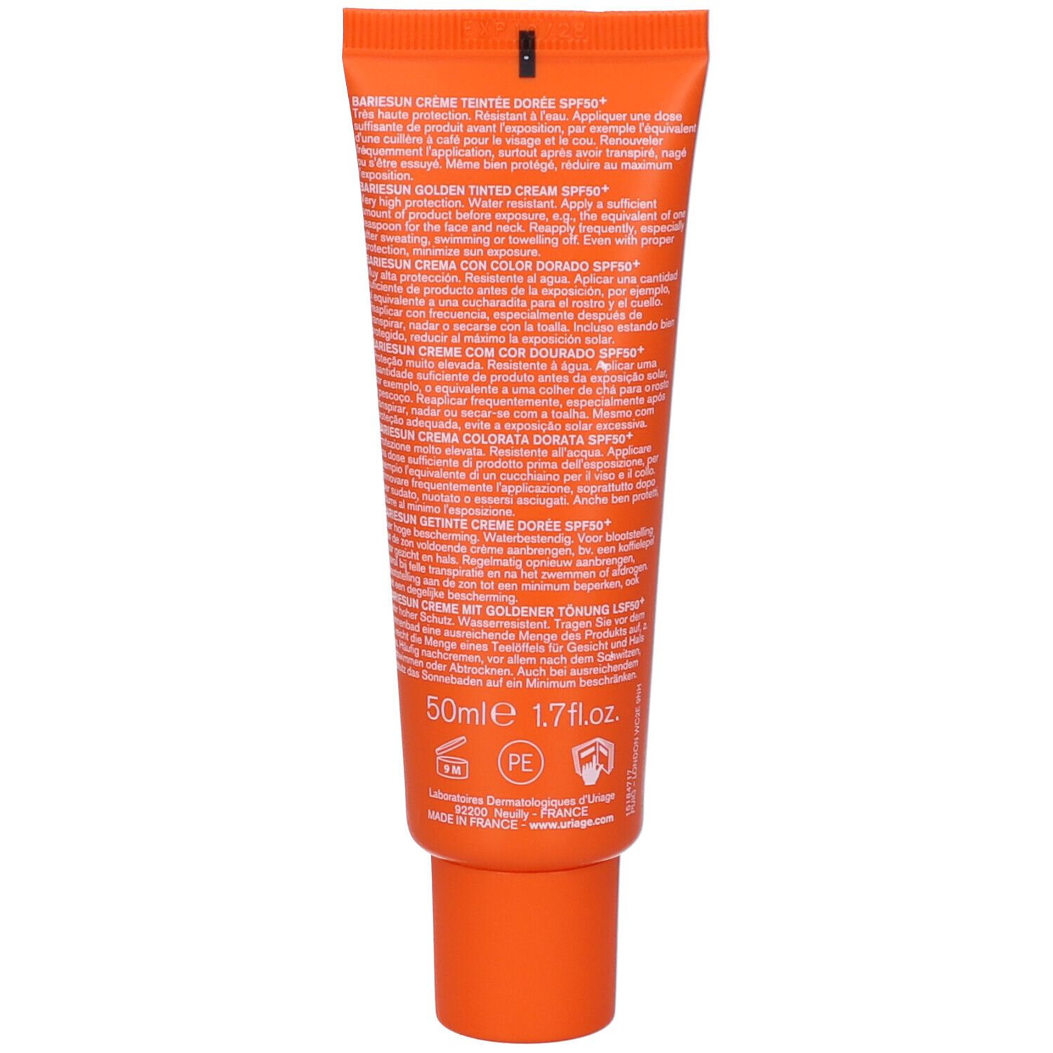 Retro del tubo arancione con informazioni sul prodotto in più lingue. Testo bianco su arancione.