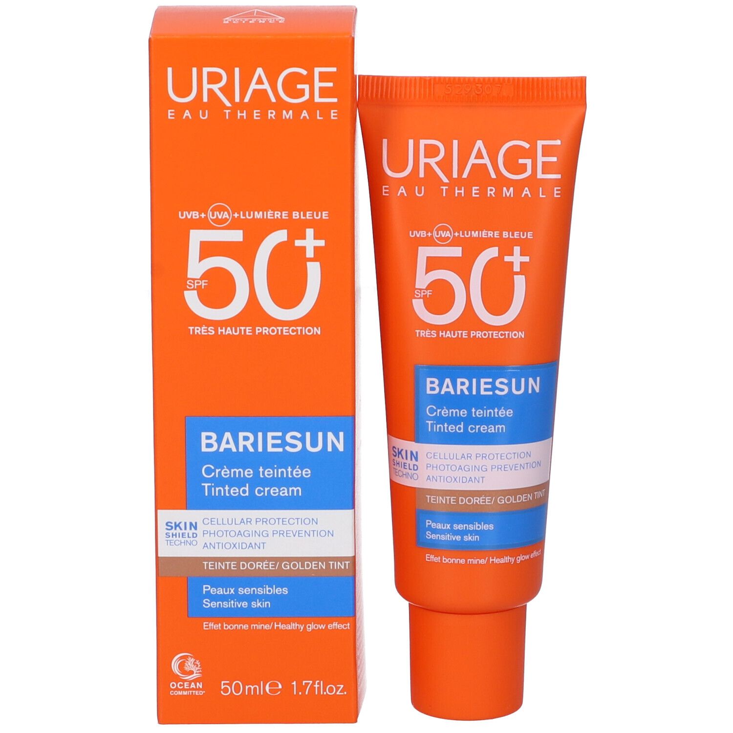 Uriage Eau Thermale Bariesun SPF 50+ crema e confezione. Arancione con scritte blu e oro. Per pelli sensibili.