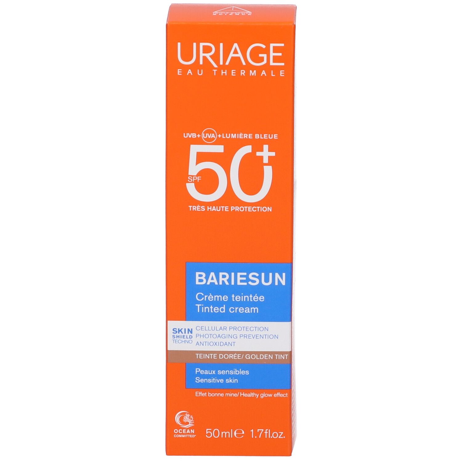 Confezione Uriage Eau Thermale Bariesun SPF 50+ crema. Arancione con scritte blu e oro. Per pelli sensibili.