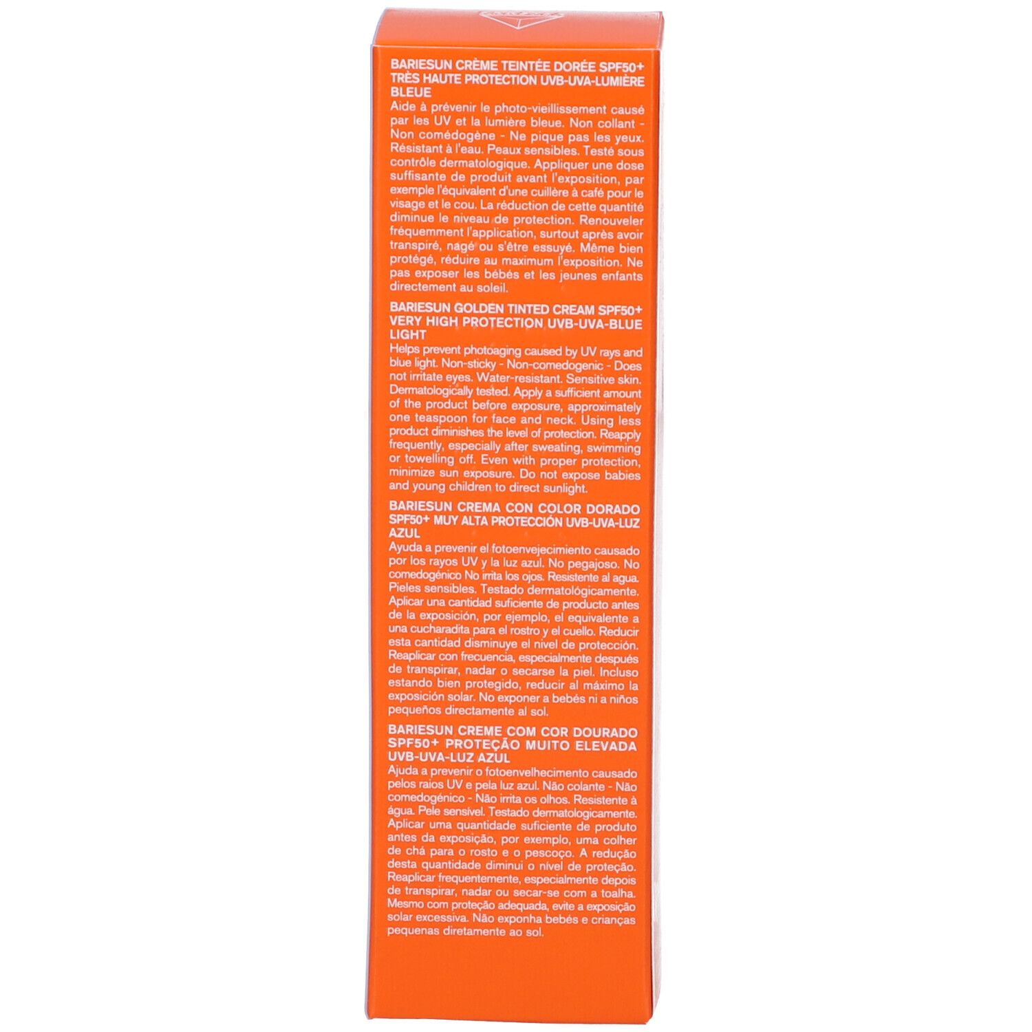 Lato della confezione con informazioni sul prodotto in più lingue. Arancione con testo bianco.