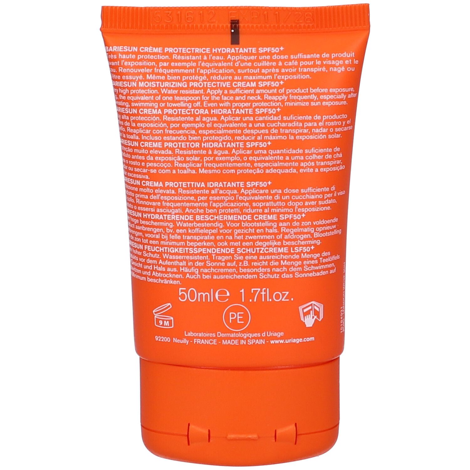 Retro di un tubo arancione. Testo multilingue. 50ml, simbolo PE. Prodotto in Spagna.