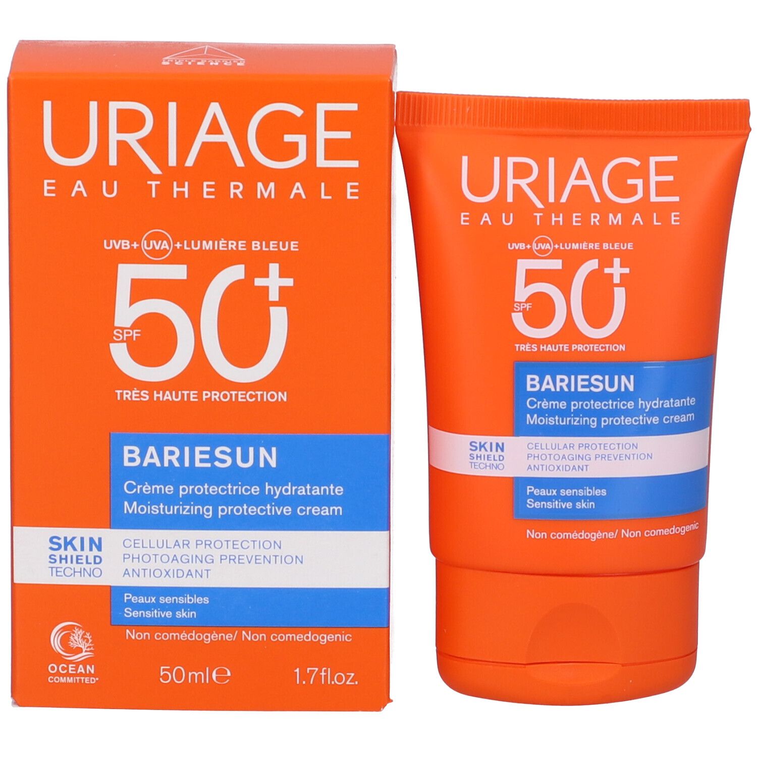 Tubo e scatola arancioni. Uriage, Eau Thermale, SPF 50+. Bariésun, crema protettiva idratante. 50ml, 1.7 fl.oz. Ocean Committed.