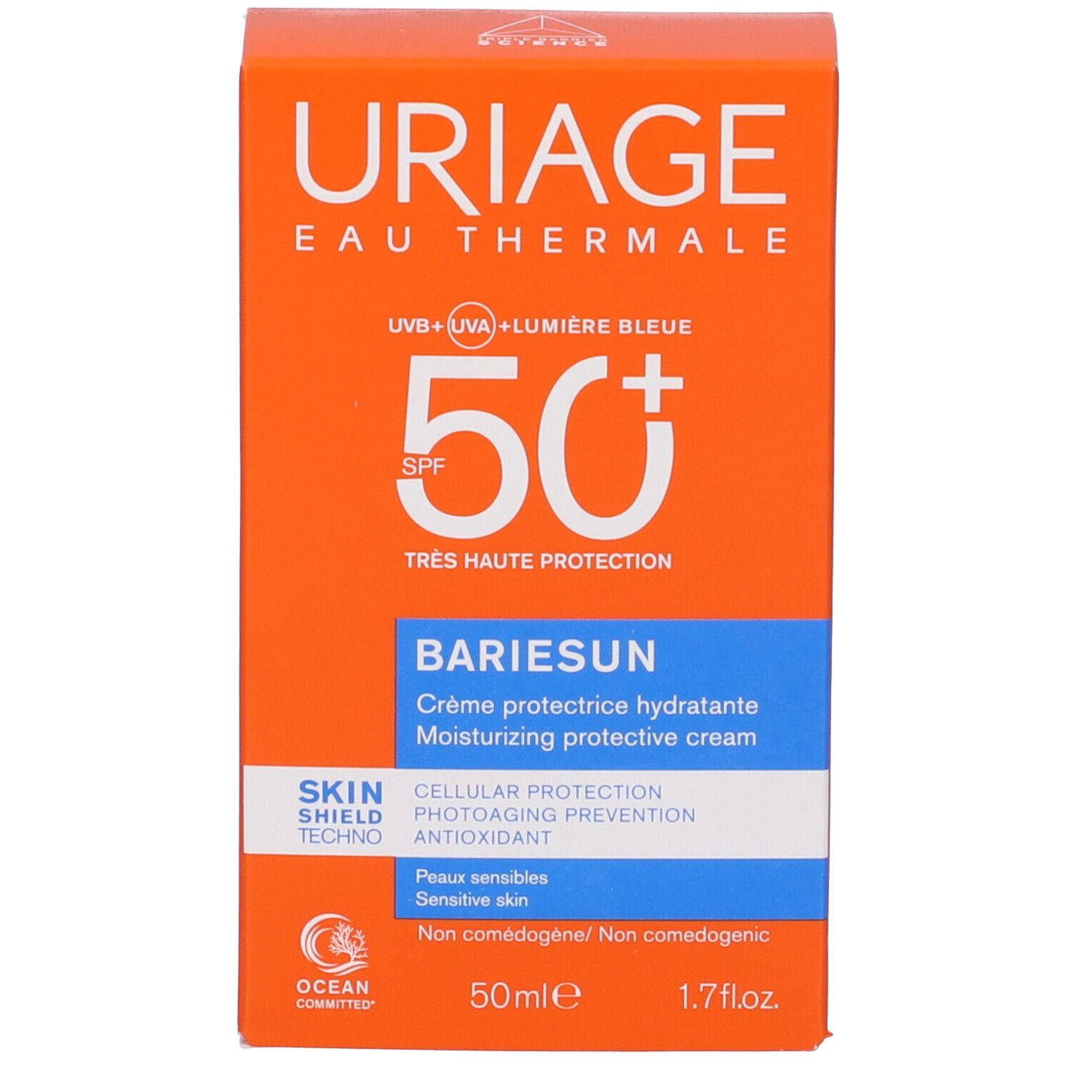 Scatola arancione. Uriage, Eau Thermale, SPF 50+. Bariésun, crema protettiva idratante. 50ml, 1.7 fl.oz. Ocean Committed.