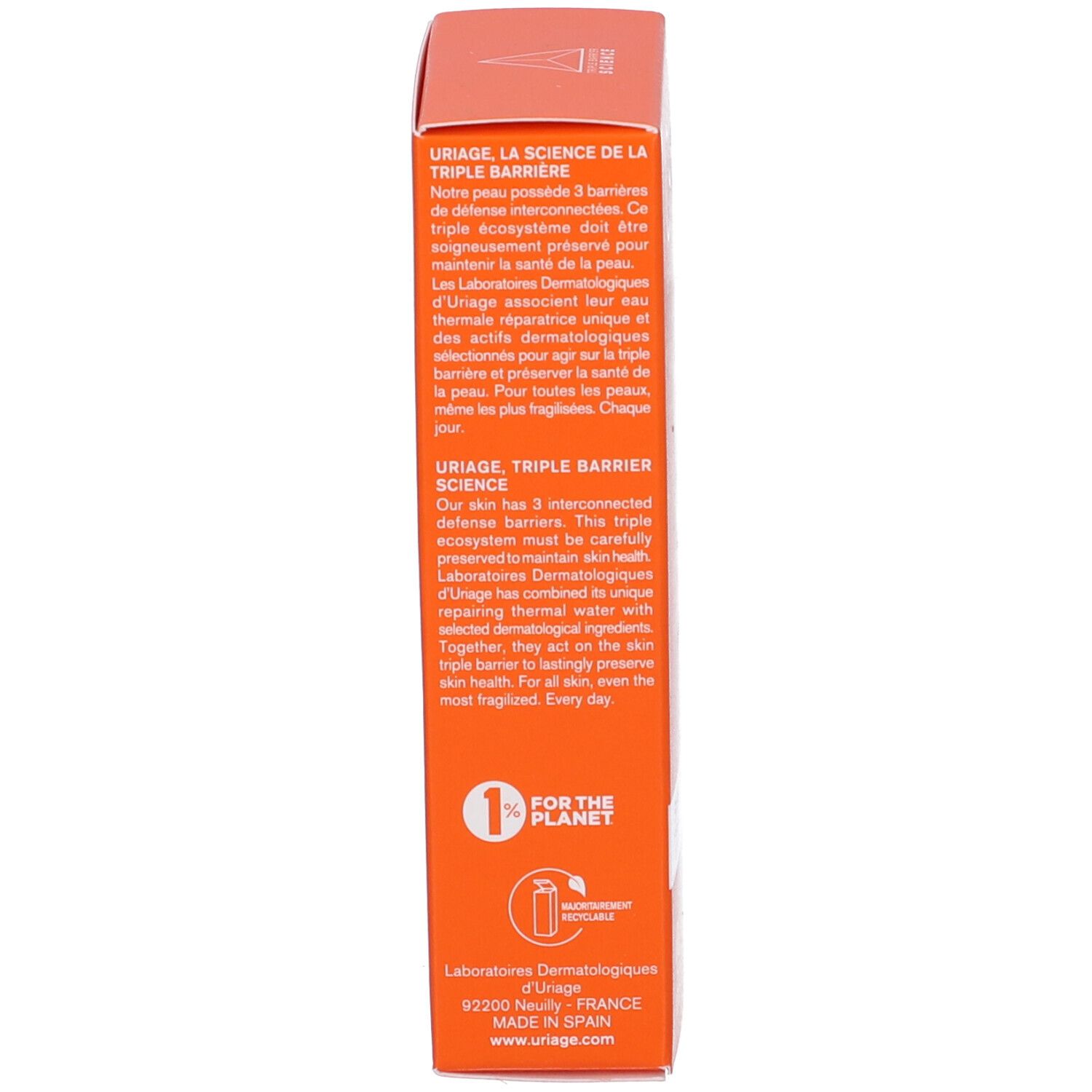 Scatola arancione. Testo sulla barriera cutanea. 1% per il pianeta. Simbolo di riciclaggio.