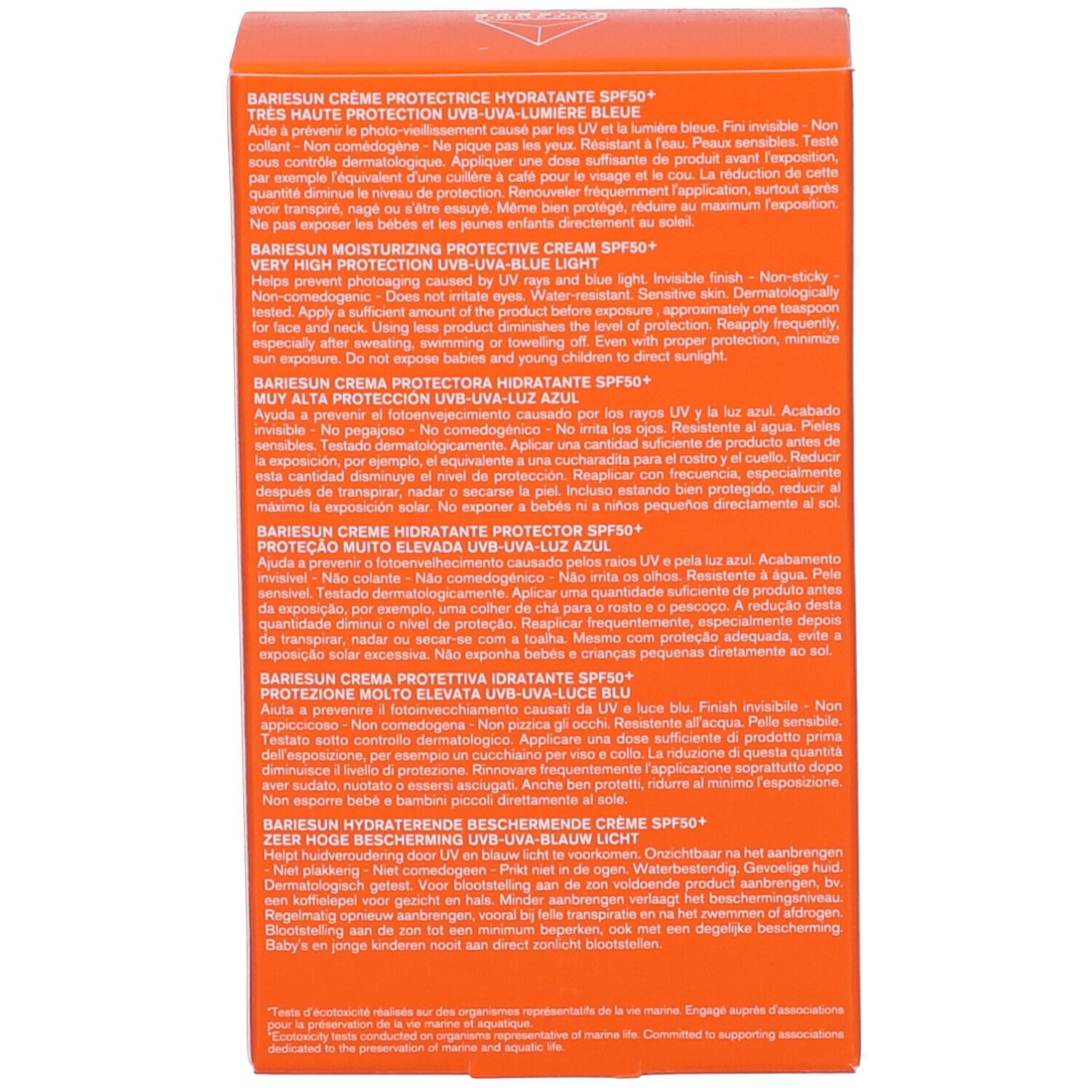 Retro della scatola arancione. Testo multilingue. Informazioni sull'uso.