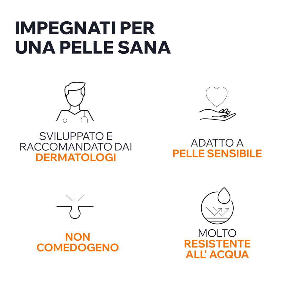 Sviluppato da dermatologi, per pelli sensibili, non comedogeno, resistente all'acqua.