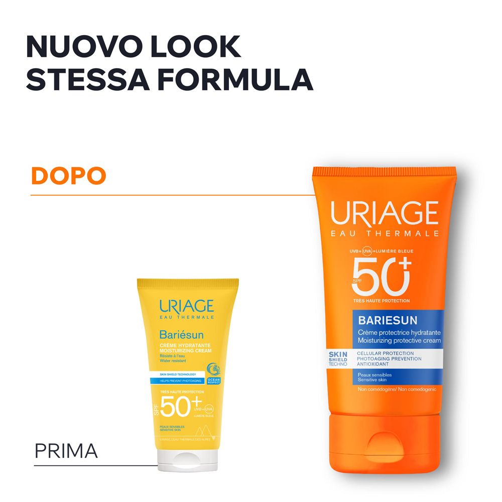 Confronto: Vecchio e nuovo packaging della crema Uriage Bariesun SPF50+.