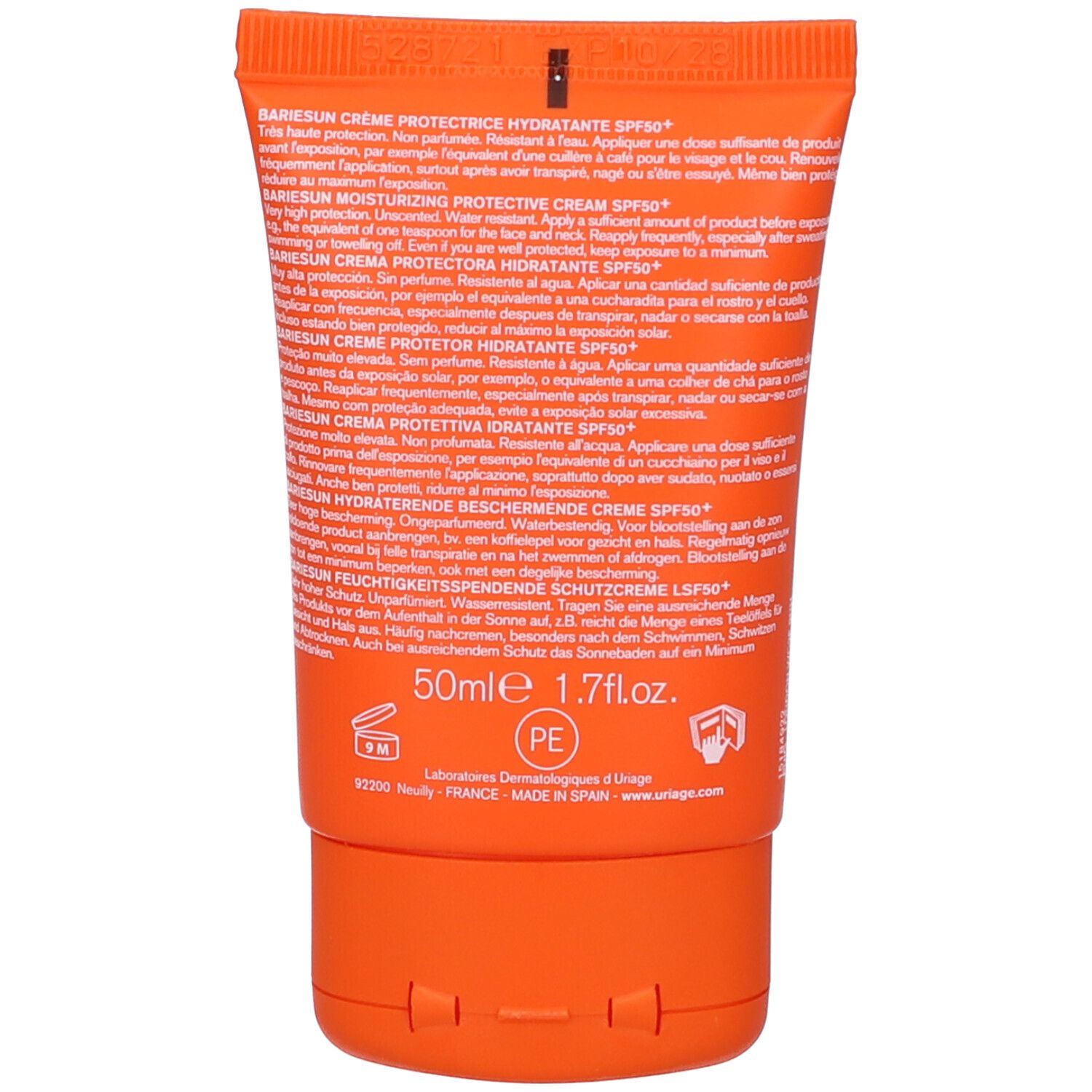 Retro di un tubo arancione. Testo multilingue. Uriage, Bariesun Crema, 50ml, 1.7 fl.oz. Prodotto in Spagna.