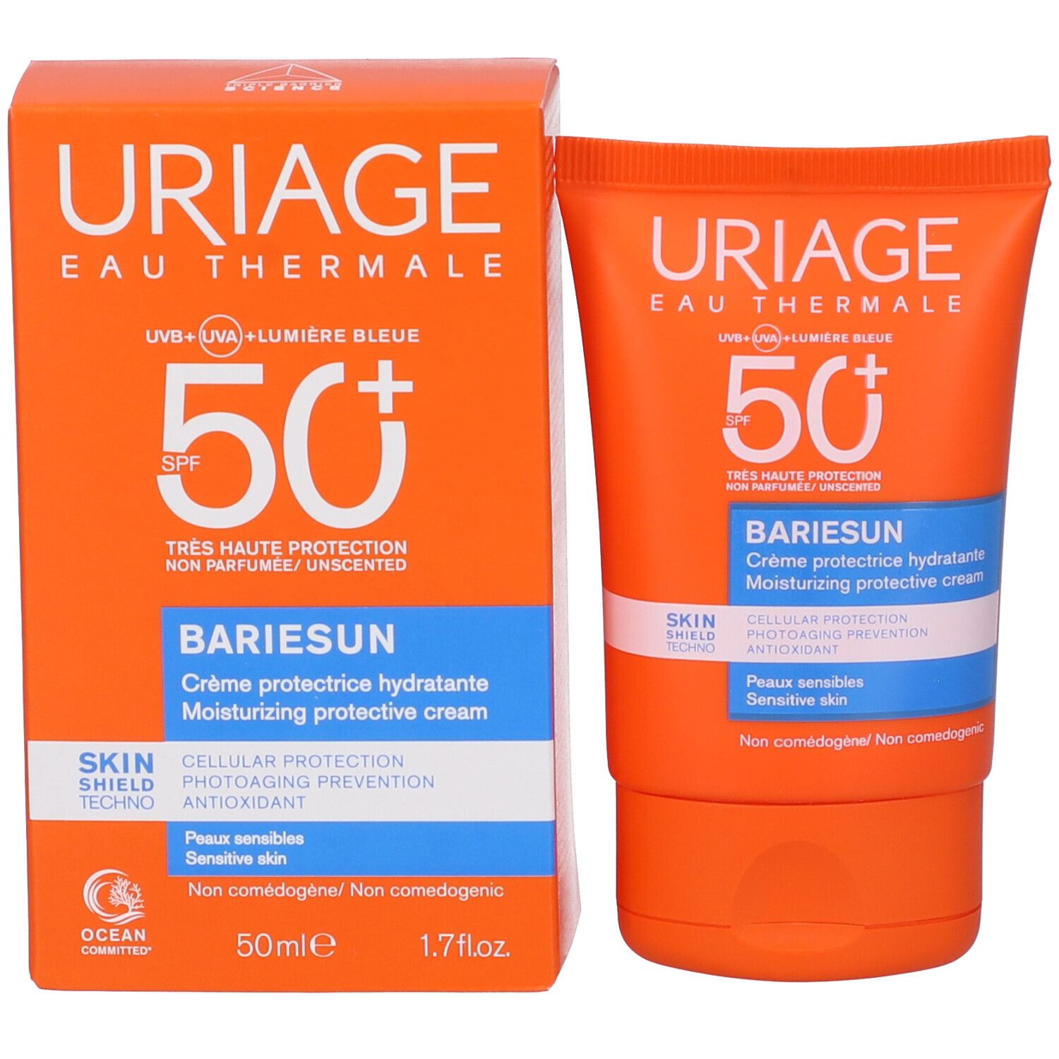 Confezione e tubo. Scatola e tubo arancioni. Uriage Eau Thermale, SPF 50+. Bariesun Crema, 50ml.