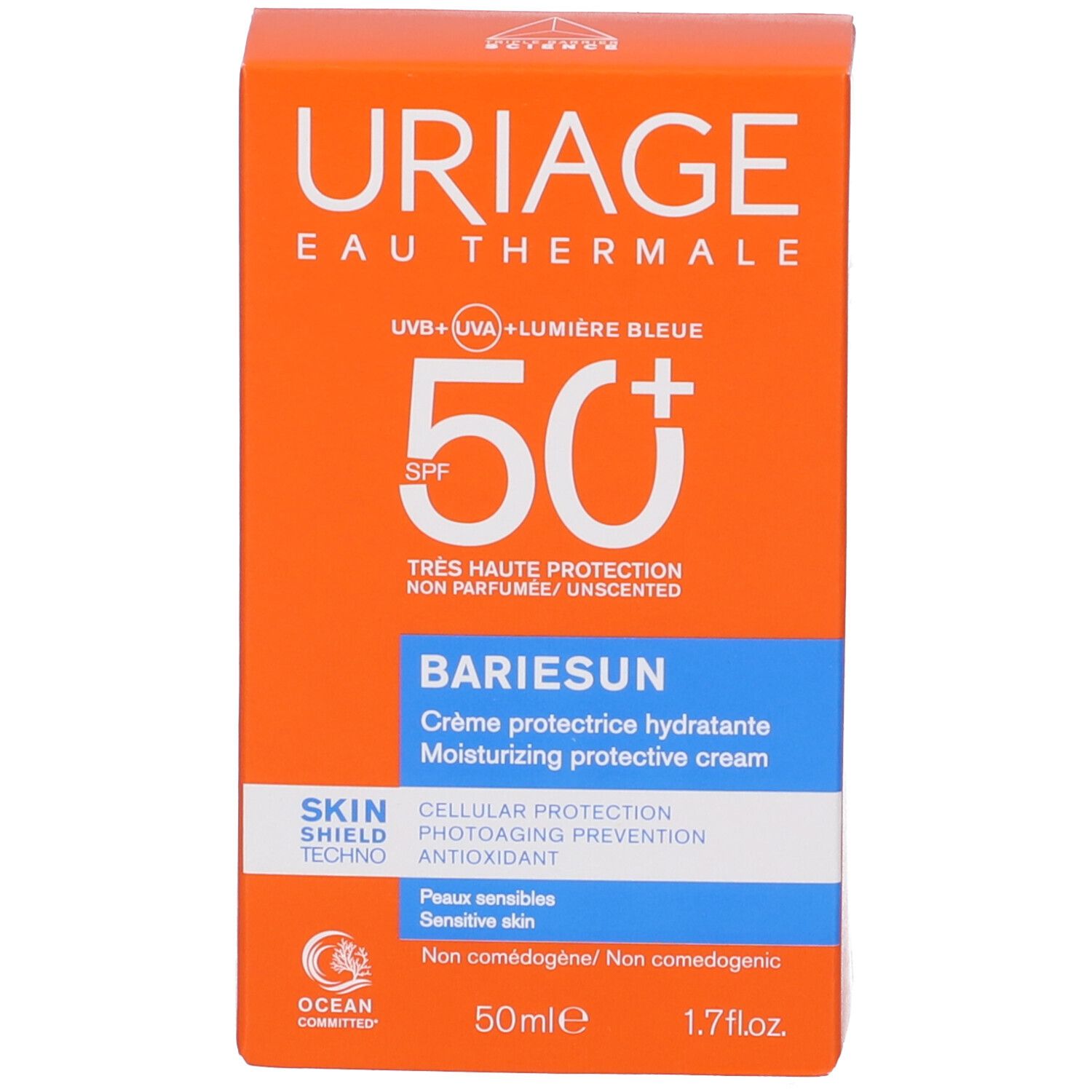 Scatola arancione con scritte bianche e blu. Uriage Eau Thermale, SPF 50+. Bariesun Crema, 50ml.