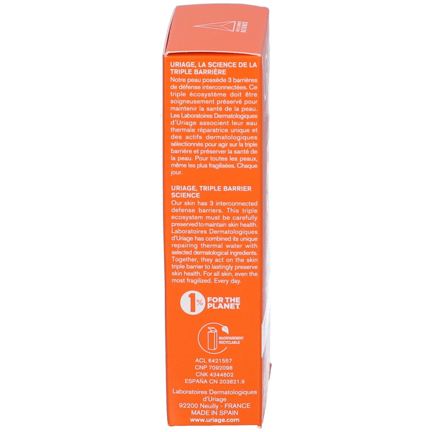 Lato della scatola arancione. Testo su Uriage, Triple Barrier Science, 1% per il pianeta. Prodotto in Spagna.