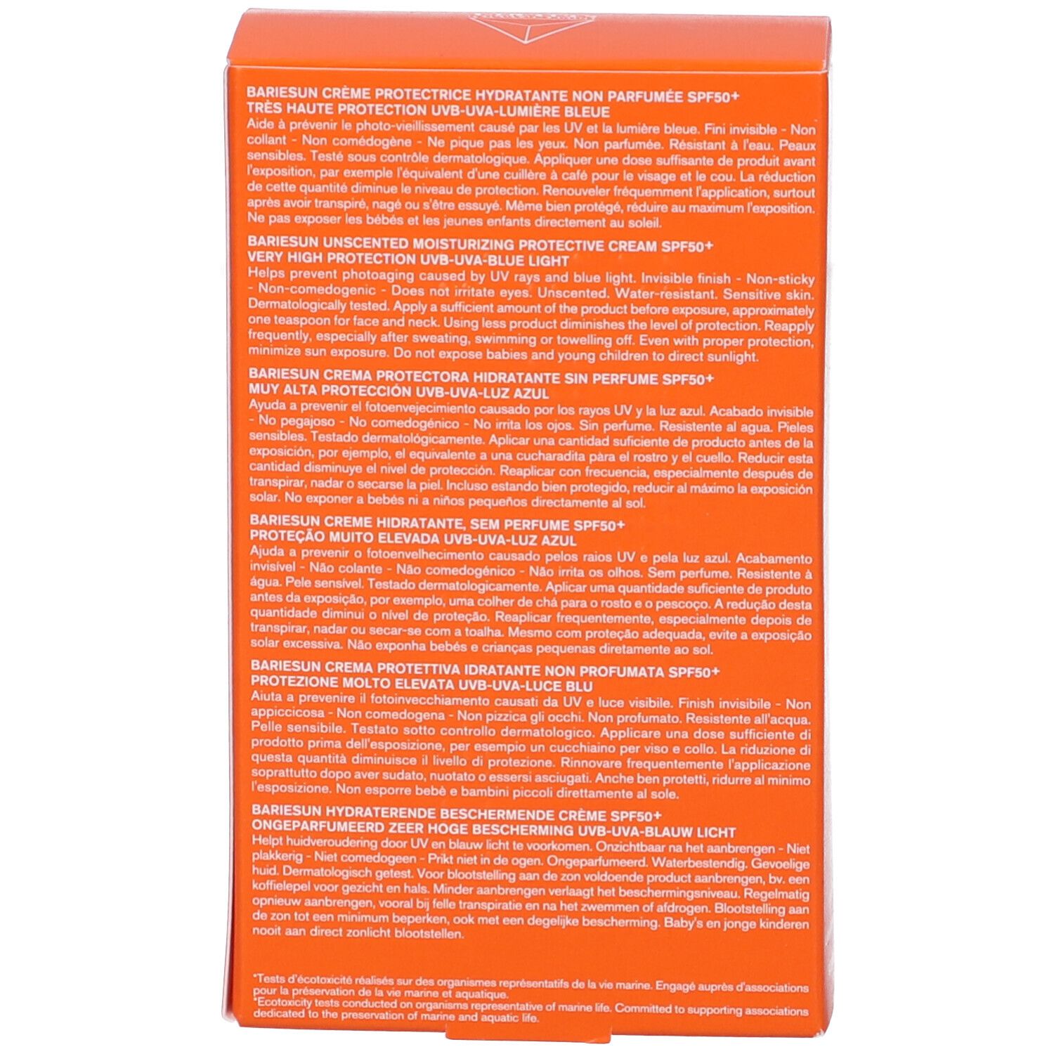 Retro della scatola arancione. Testo multilingue. Uriage, Bariesun Crema, SPF 50+. Non profumato.
