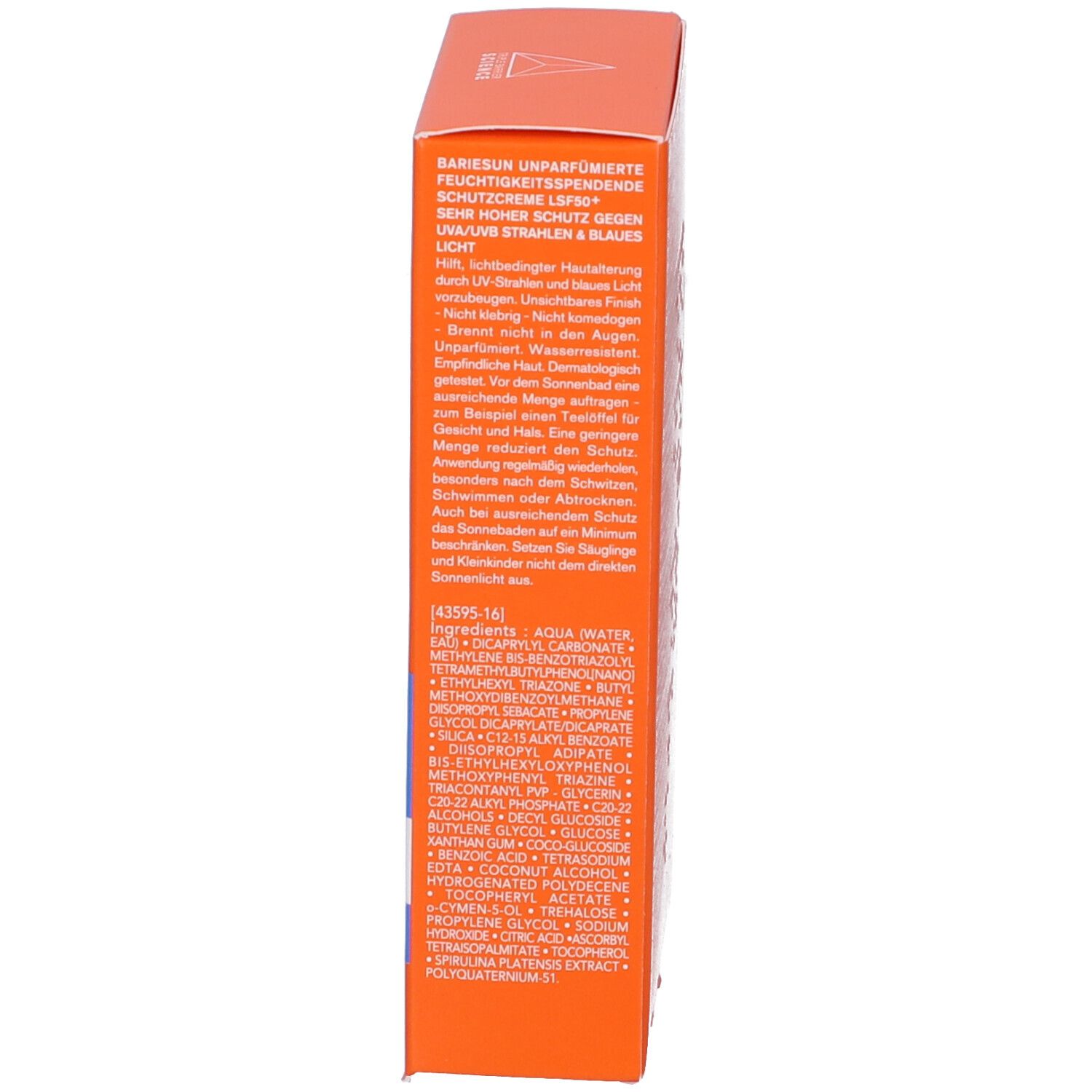 Lato della scatola arancione. Testo sugli ingredienti. Aqua, Dicaprylyl Carbonate, etc. Prodotto in Spagna.