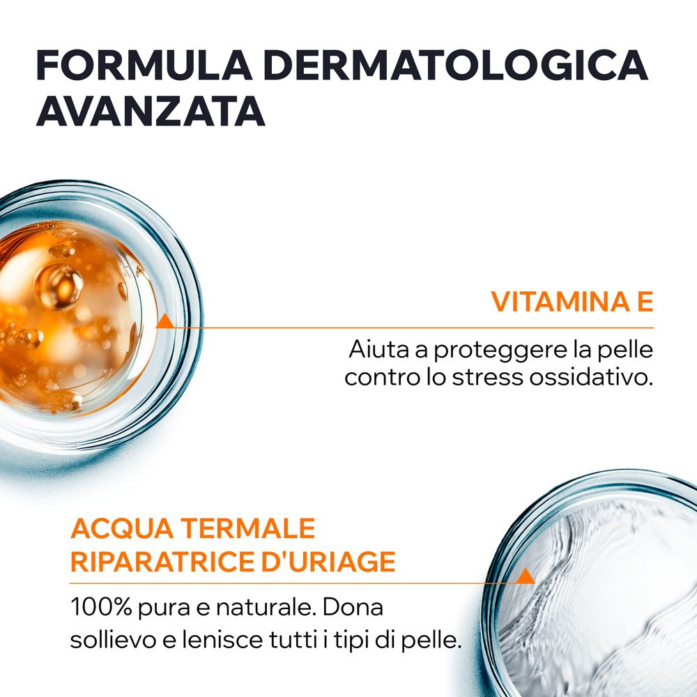 Acqua Termale d'Uriage e Vitamina E nella formula per protezione antiossidante.