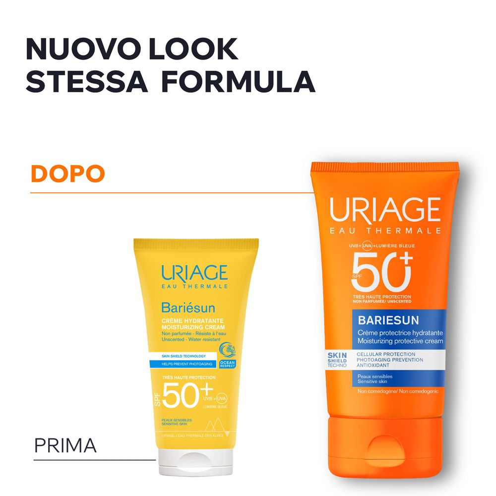 Confronto confezioni: Vecchio e nuovo packaging della crema Uriage Bariesun SPF50+.
