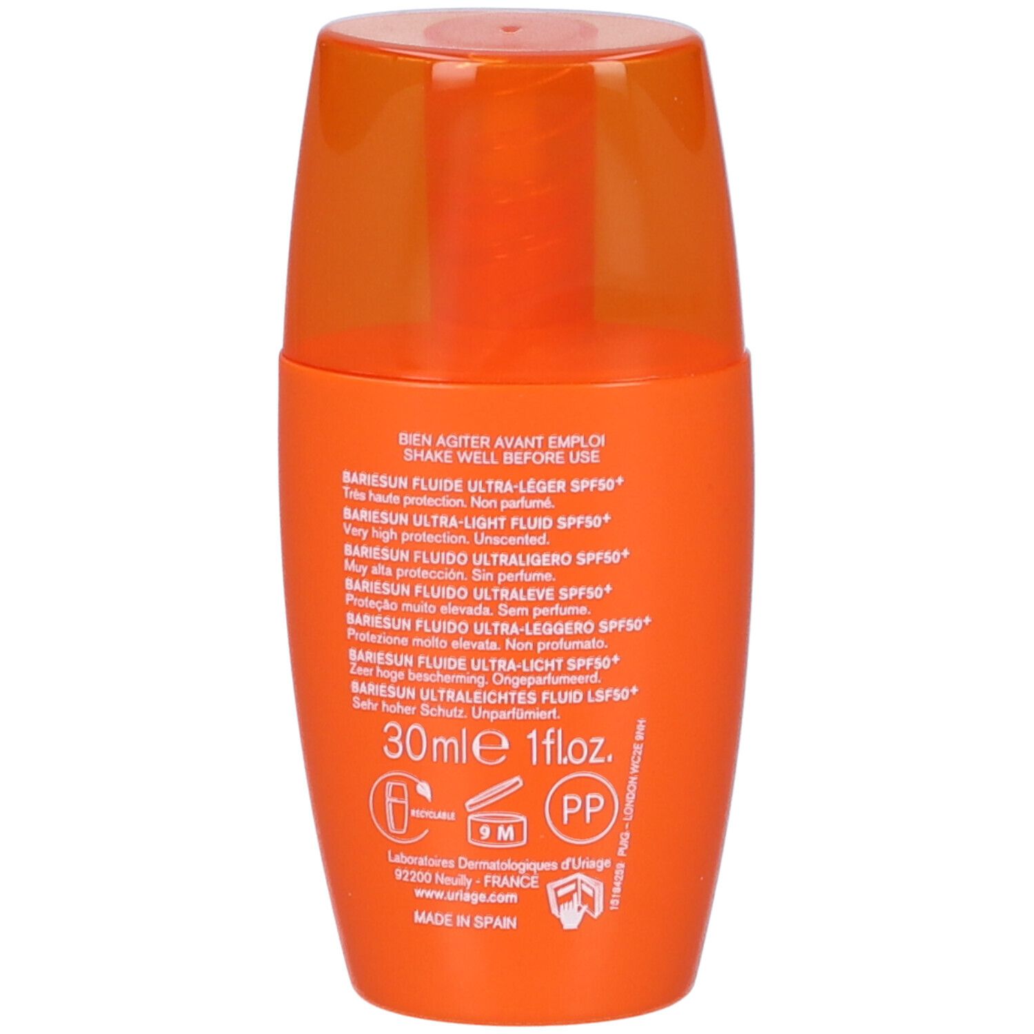 Retro di un flacone arancione. Scritte: Bariesun Fluido Ultra-leger SPF50+, 30ml, 1 fl.oz. Prodotto in Spagna.
