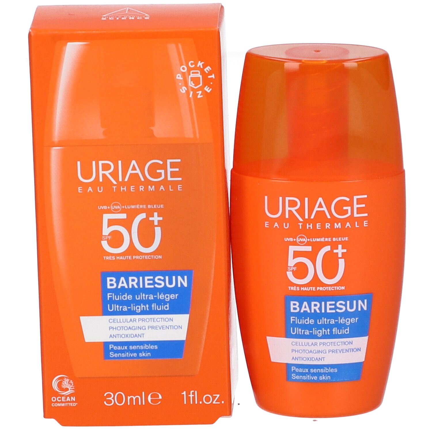Confezione del prodotto con flacone. Scritte: Uriage, Bariesun, SPF 50+, Fluido ultra-leggero. 30ml. Simbolo Pocket Size.