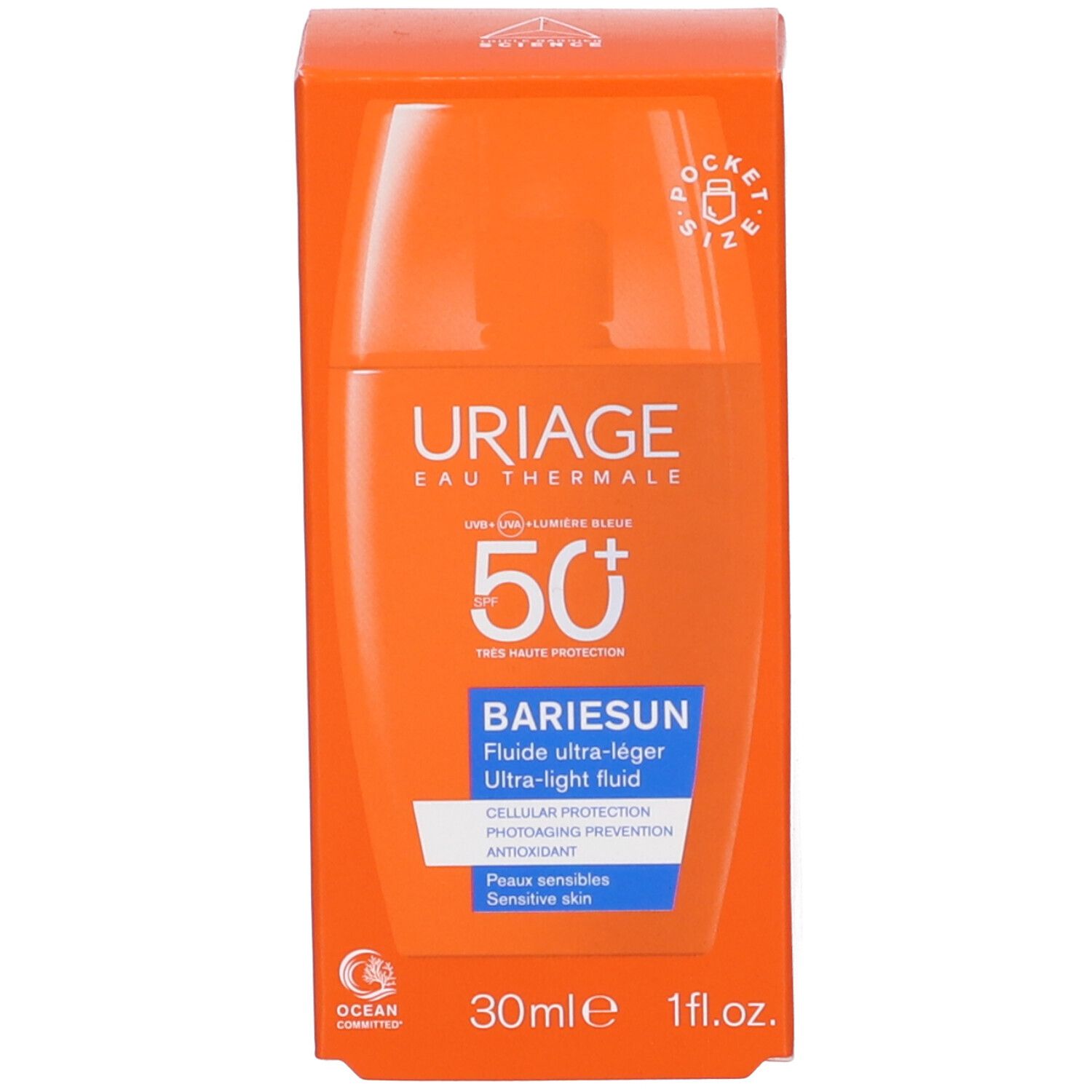 Confezione del prodotto con flacone. Scritte: Uriage, Bariesun, SPF 50+, Fluido ultra-leggero. 30ml. Simbolo Pocket Size.