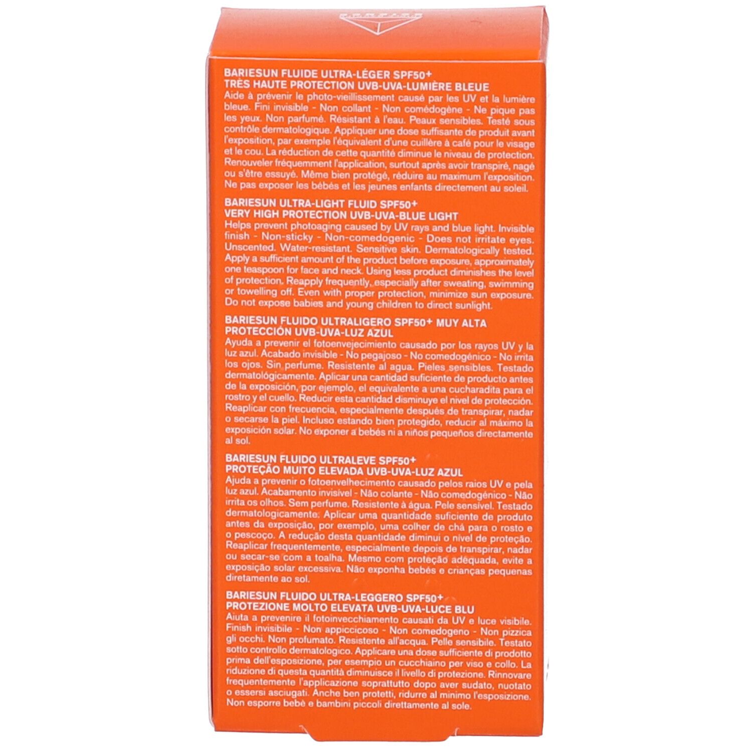 Lato della confezione del prodotto. Testo su Bariesun Fluido Ultra-light SPF50+ in più lingue.