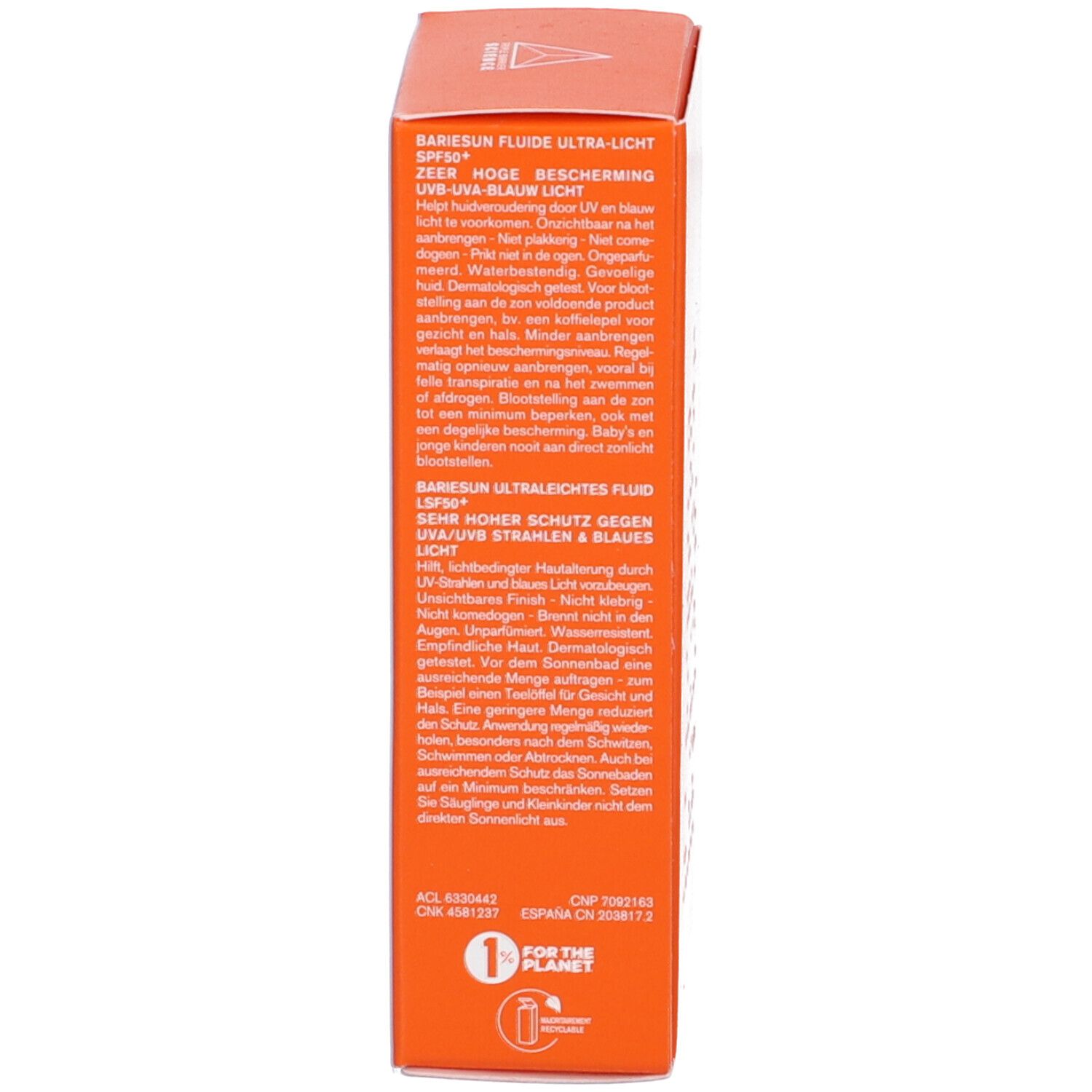 Lato della confezione del prodotto. Testo su Bariesun Fluido Ultra-leggero SPF50+ in più lingue. Con logo.