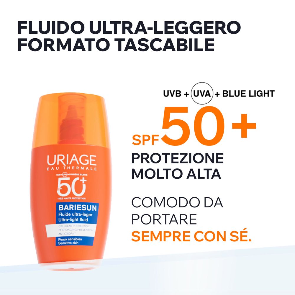 Fluido Uriage Bariesun SPF50+: protezione UV, formato tascabile.
