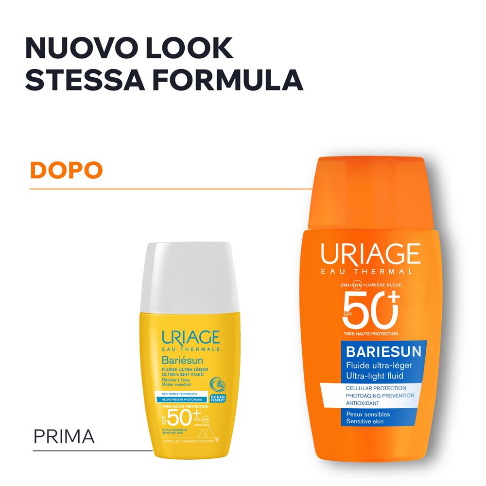 Confronto: vecchio e nuovo look del fluido Uriage Bariesun.