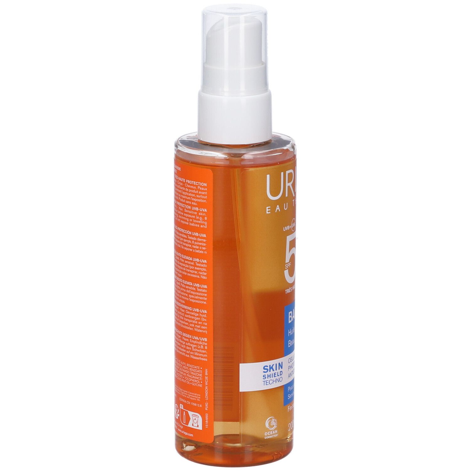 Flacone Uriage Bariesun Olio Secco Illuminante SPF 50+. Vista laterale. Liquido arancione, erogatore bianco. Testo.
