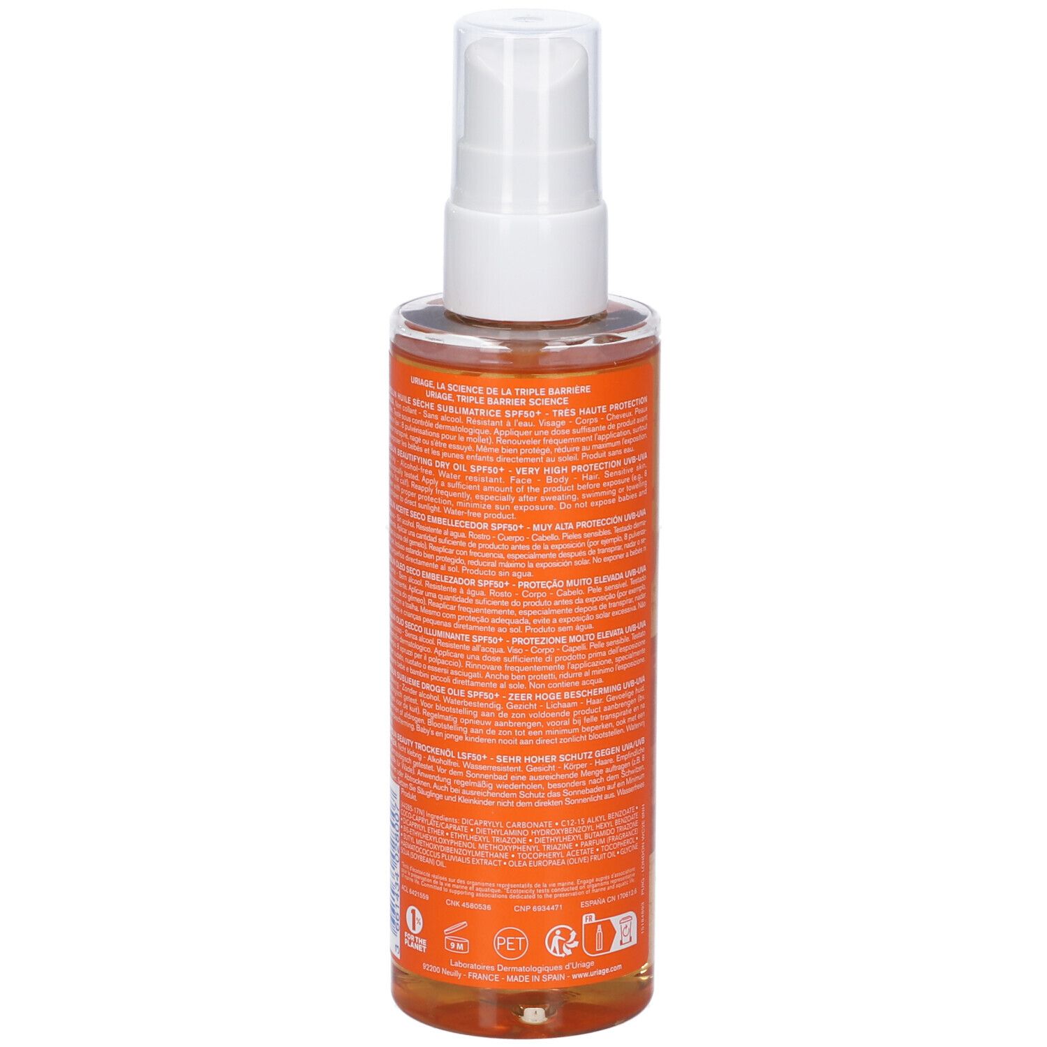 Retro del flacone Uriage Bariesun Olio Secco Illuminante SPF 50+. Testo multilingue. Liquido arancione.