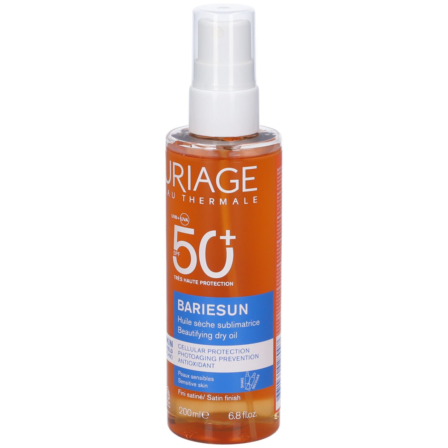 Flacone Uriage Bariesun Olio Secco Illuminante SPF 50+. Liquido arancione, erogatore bianco. Testo: SPF 50+, Bariesun, 200ml.